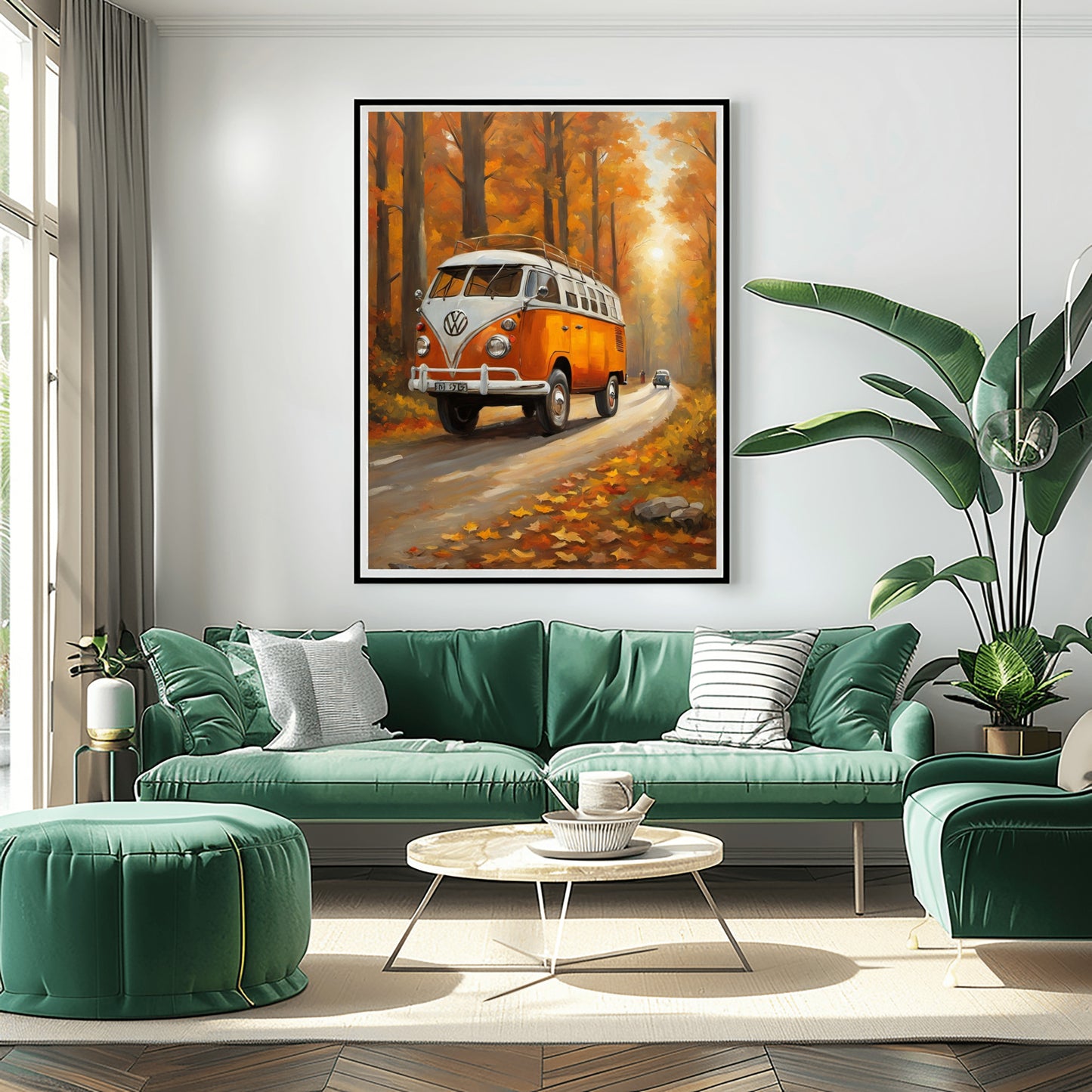 Vintage camper oil painting featuring an orange Volkswagen van on a forest road in autumn colors