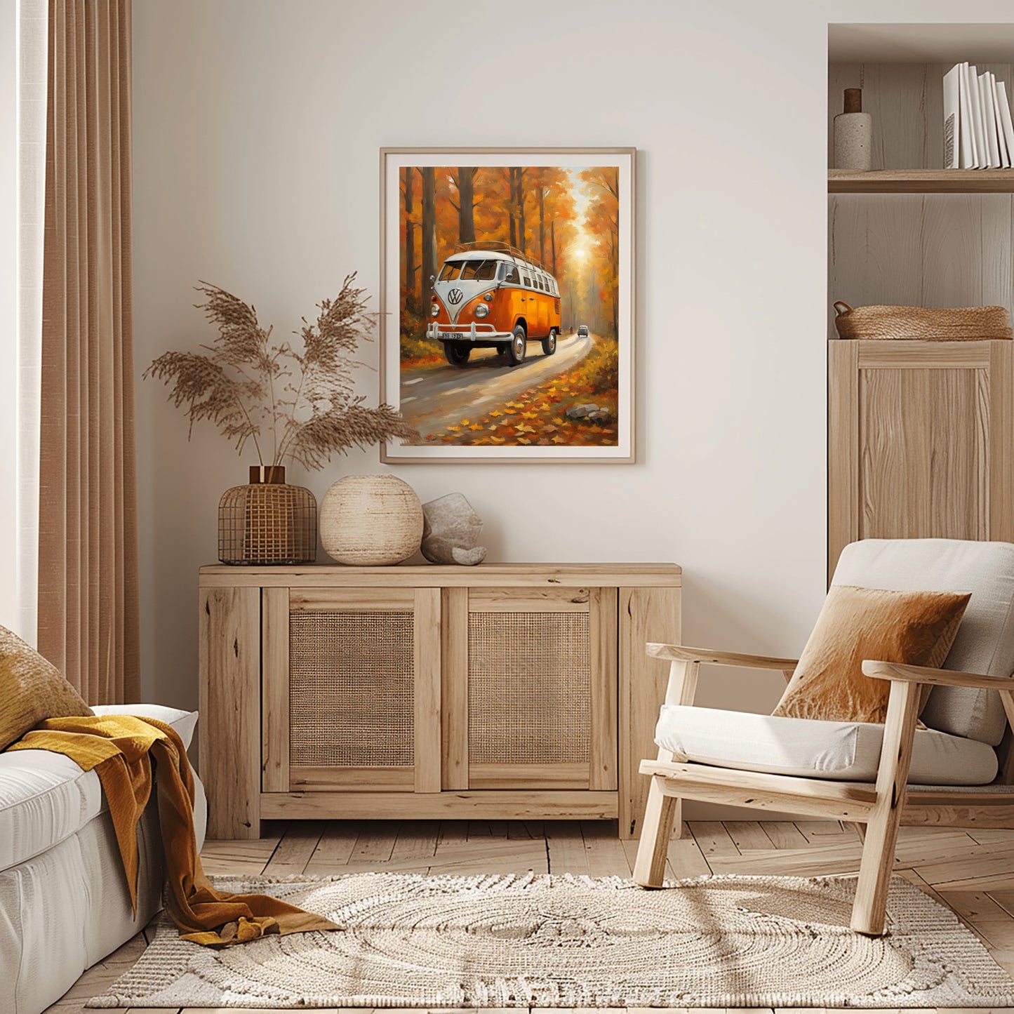 vintage camper oil painting by AquilVision displayed in cozy living room with wooden furniture and neutral decor