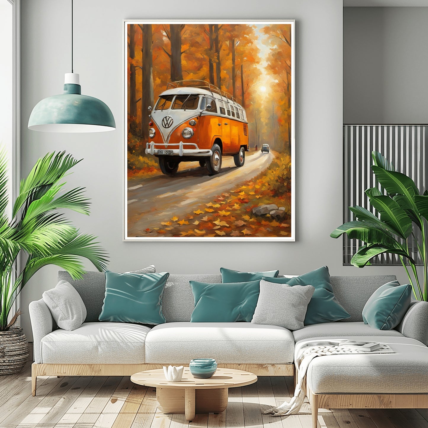 Vintage camper oil painting of an orange Volkswagen bus driving through autumn forest road