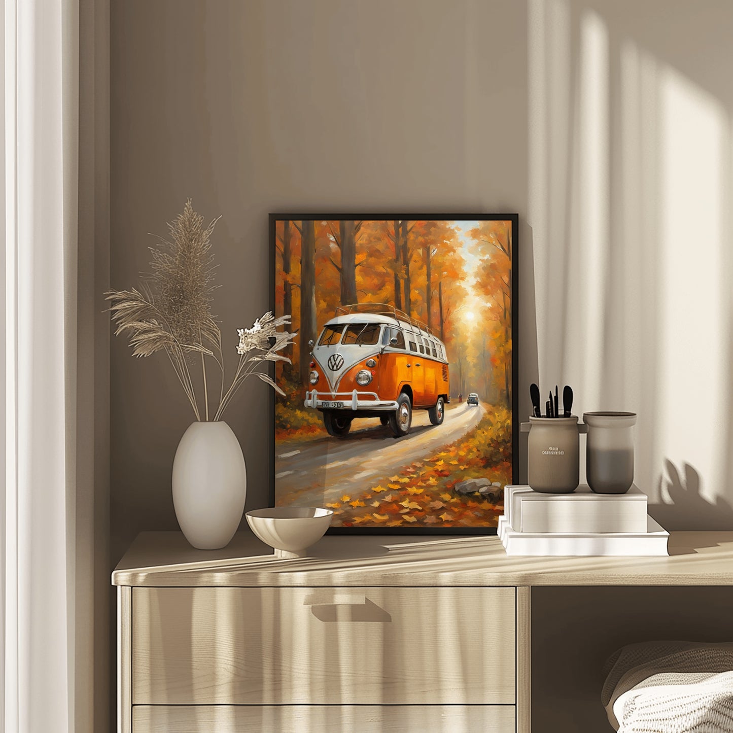 AquilVision vintage camper oil painting featuring an orange VW van on a forest road in autumn