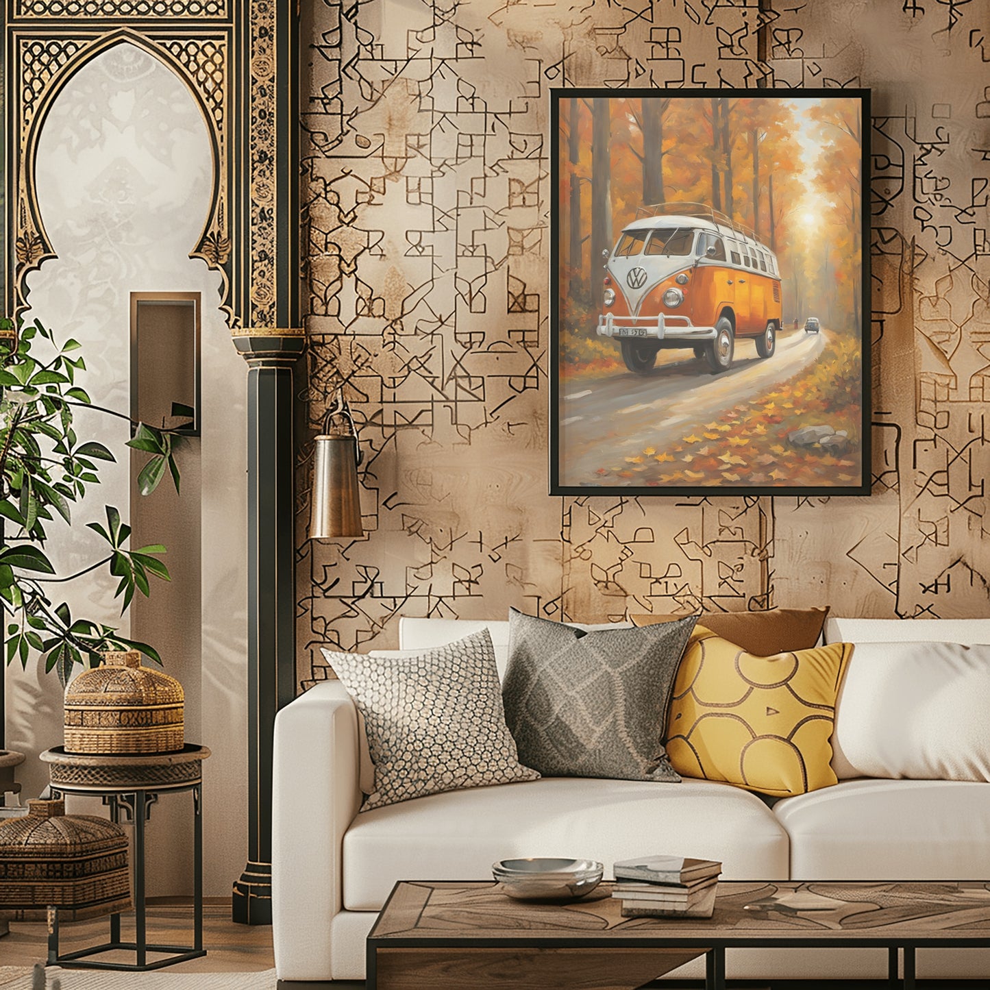 vintage camper oil painting of an orange VW van on a forest road hanging above a white sofa in a stylish living room