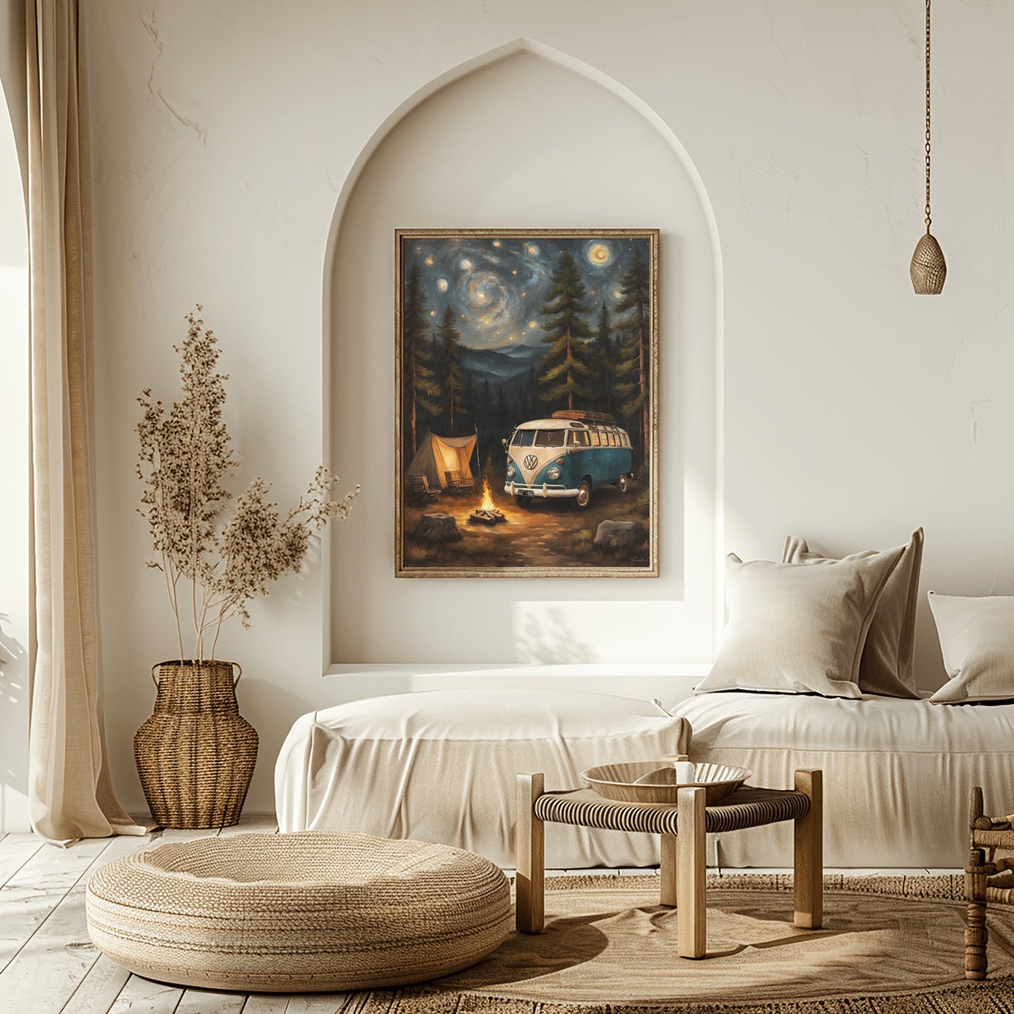 Vintage camper van artwork framed on wall above sofa in cozy neutral living room with natural decor