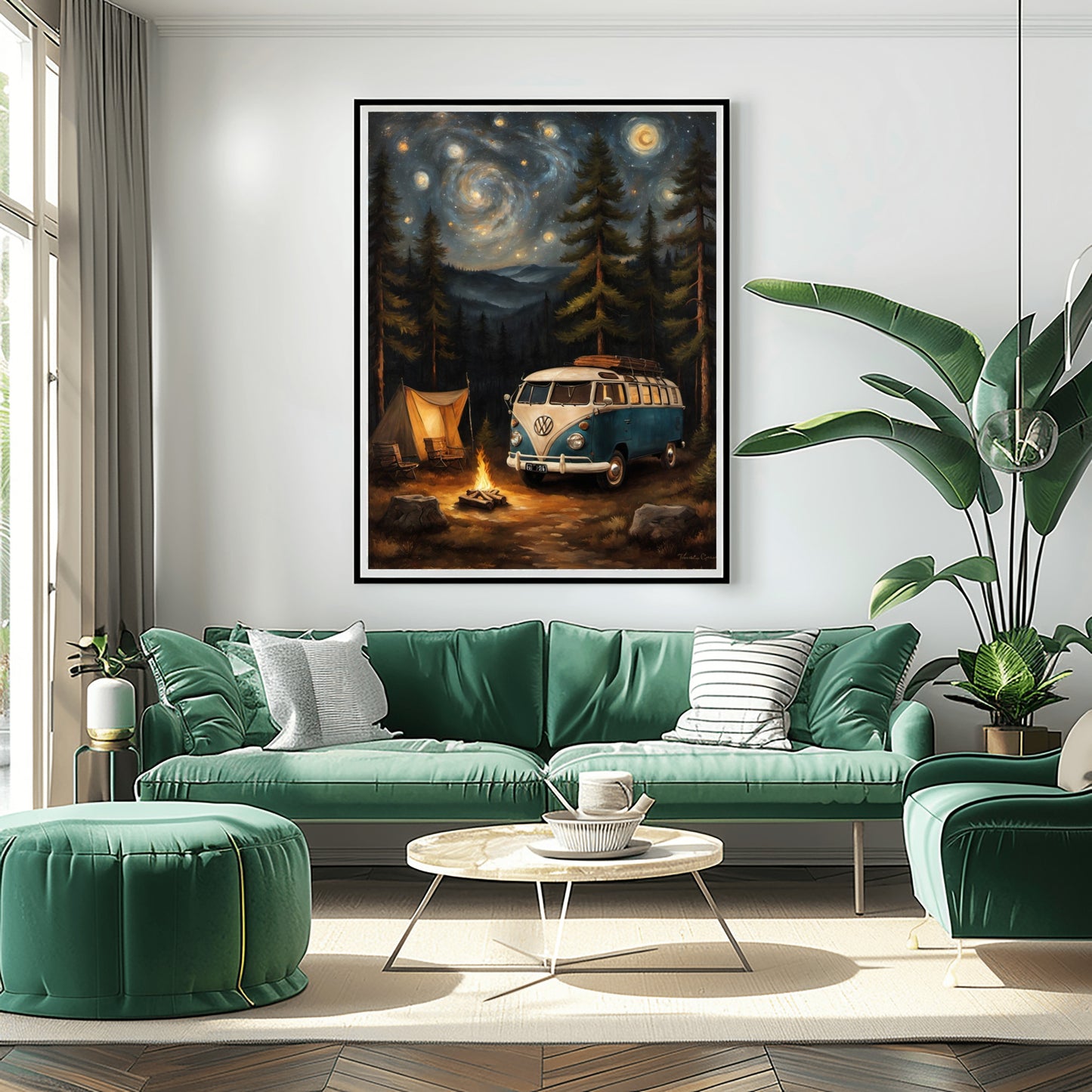Vintage camper van artwork by AquilVision showing a nighttime forest camping scene with stars and a campfire
