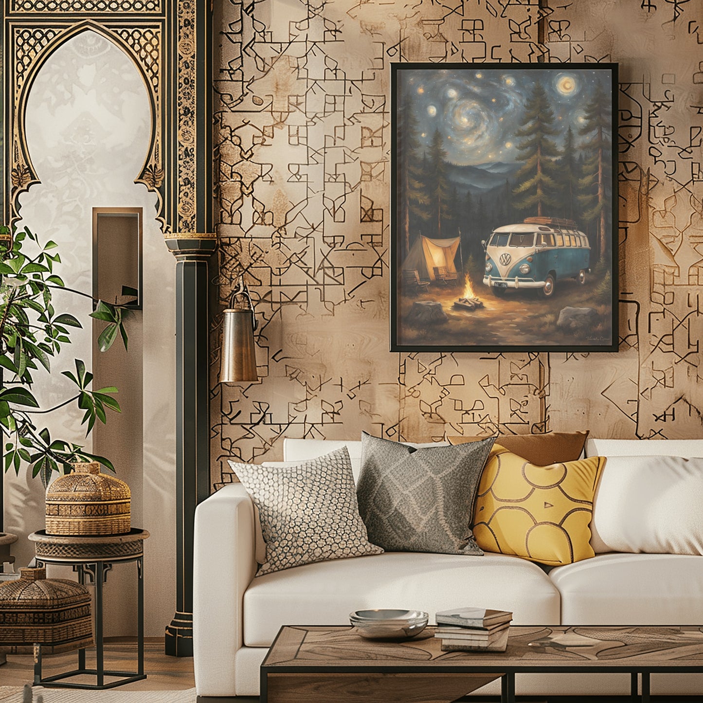 Vintage camper van artwork hanging on wall above white sofa in cozy living room with patterned pillows