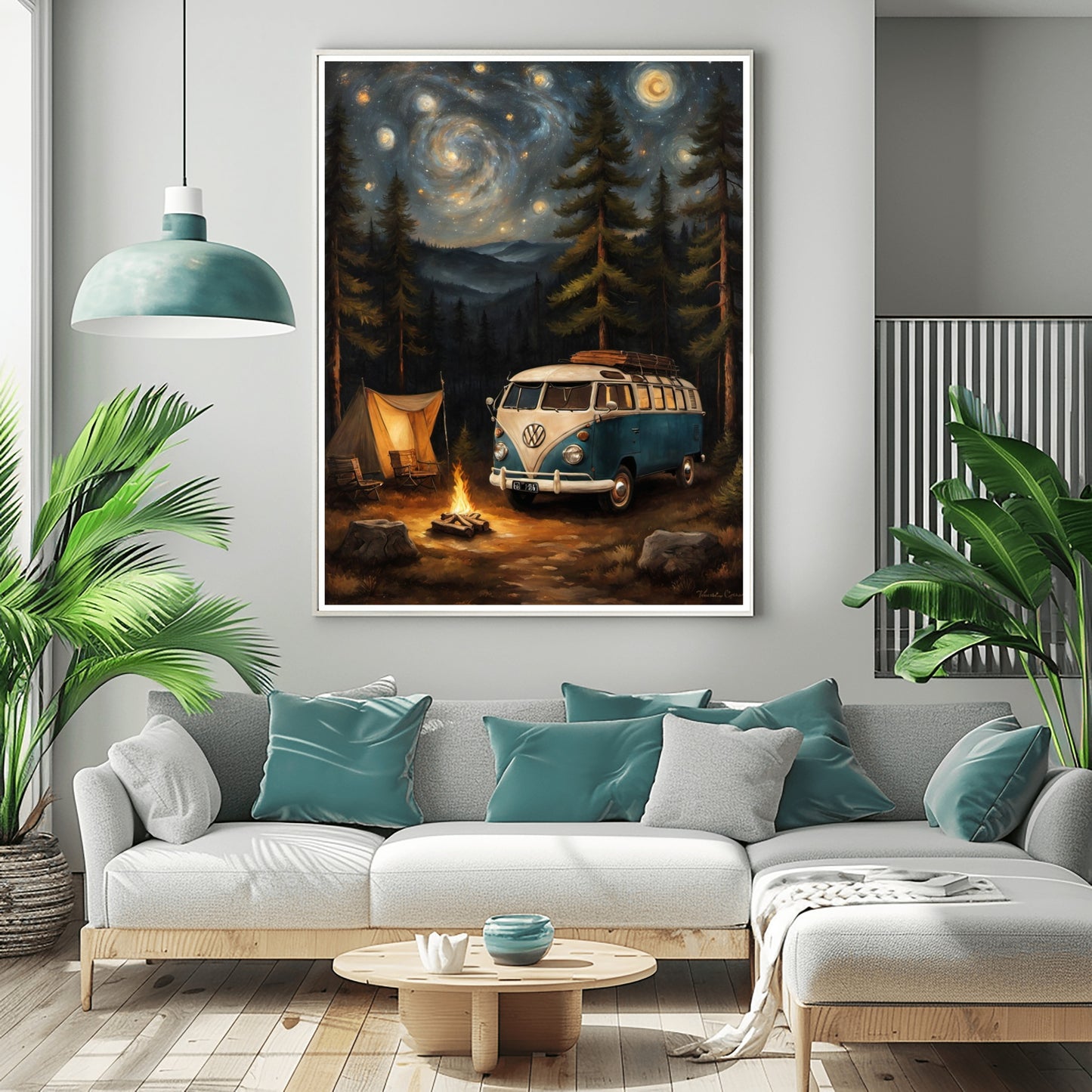 Vintage camper van artwork featuring a classic VW bus by a campfire under a starry night sky