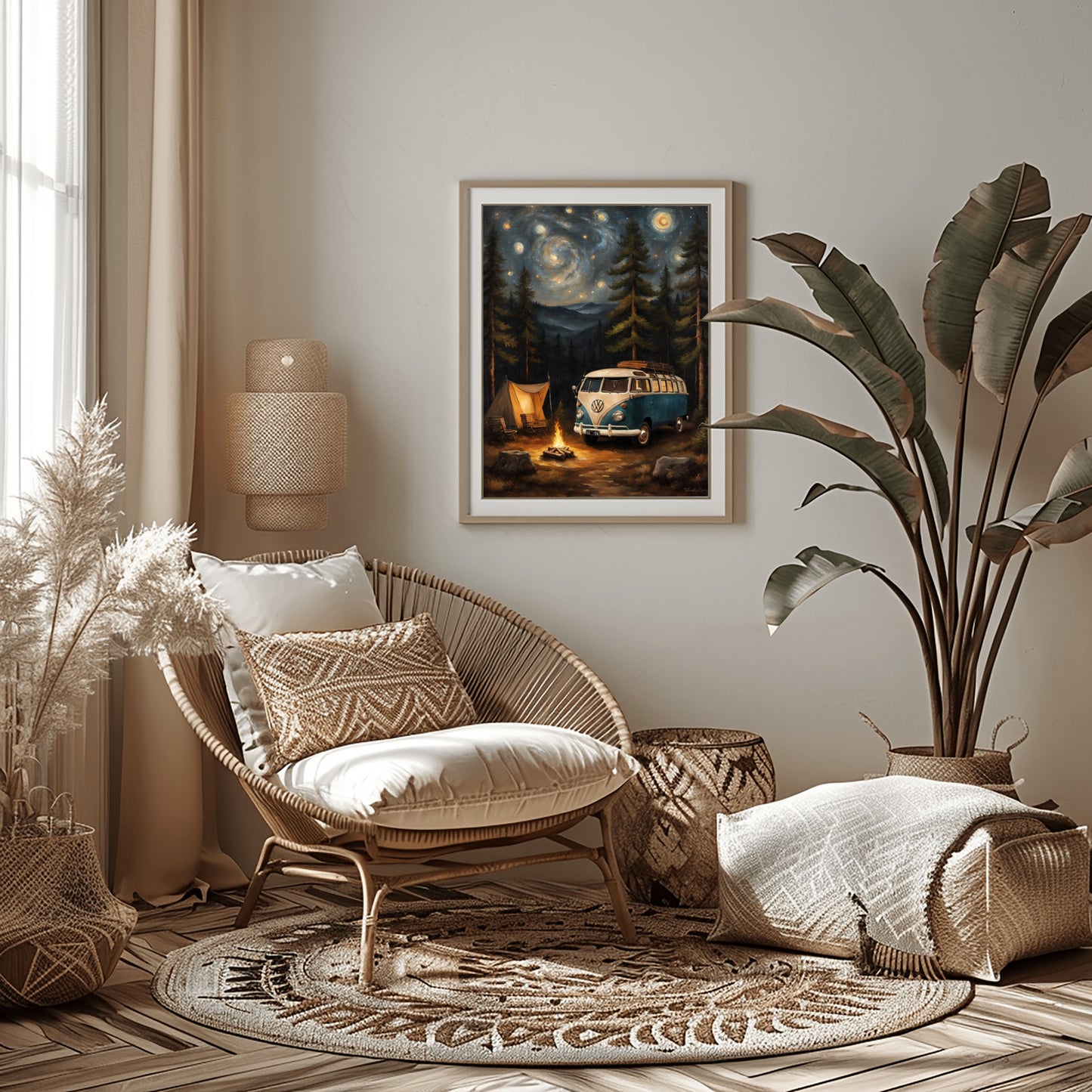 AquilVision vintage camper van artwork framed on wall in cozy living room with wicker chair and plants