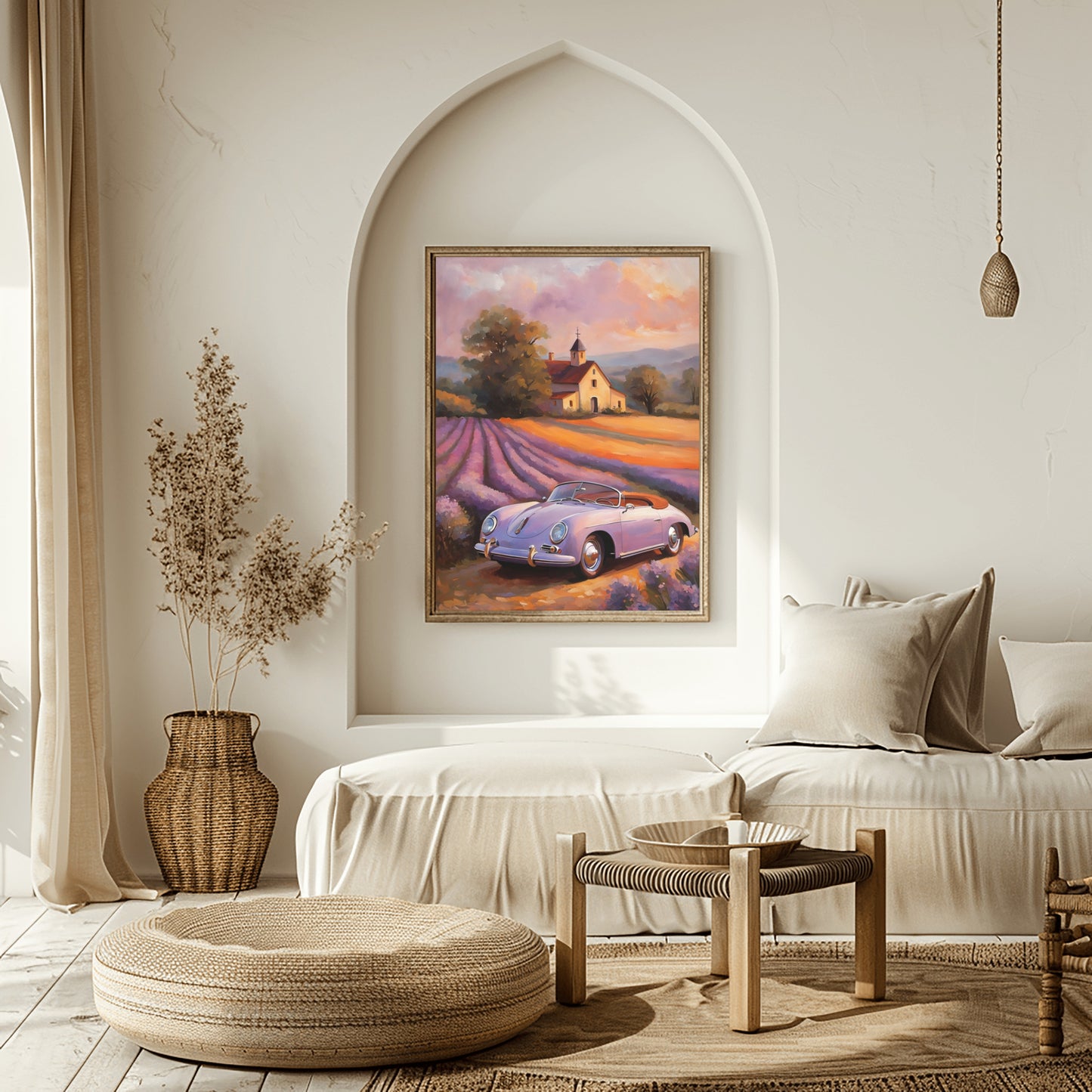 Vintage car and lavender field print by AquilVision hanging in a cozy neutral-toned living room