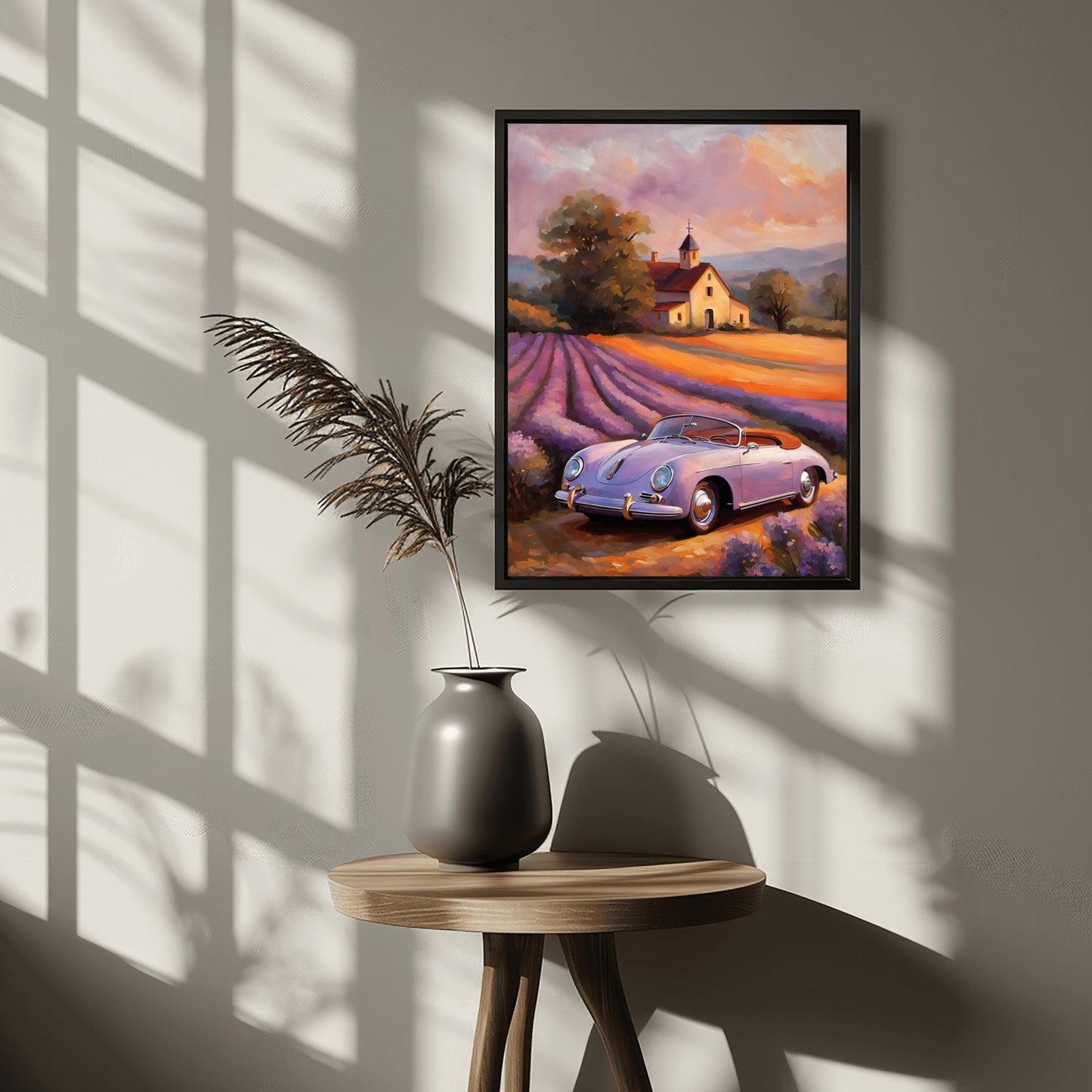 Vintage car and lavender field print digital artwork by AquilVision hanging on wall above table