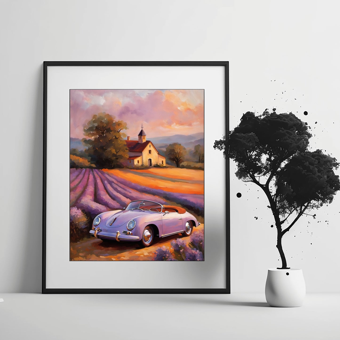 Vintage car and lavender field print by AquilVision displayed in a black frame on a white surface