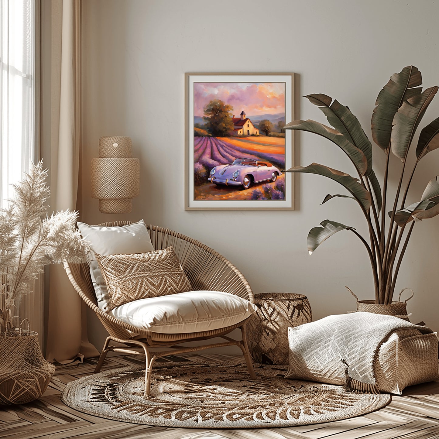 Vintage car and lavender field print displayed in a cozy modern living room with wicker chair and neutral decor