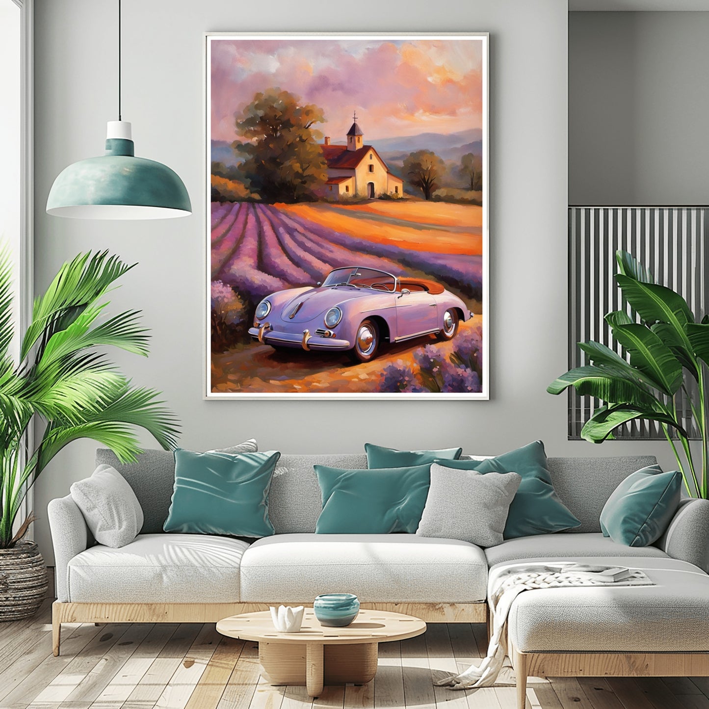 AquilVision digital vintage car and lavender field print hanging in modern living room with teal accents