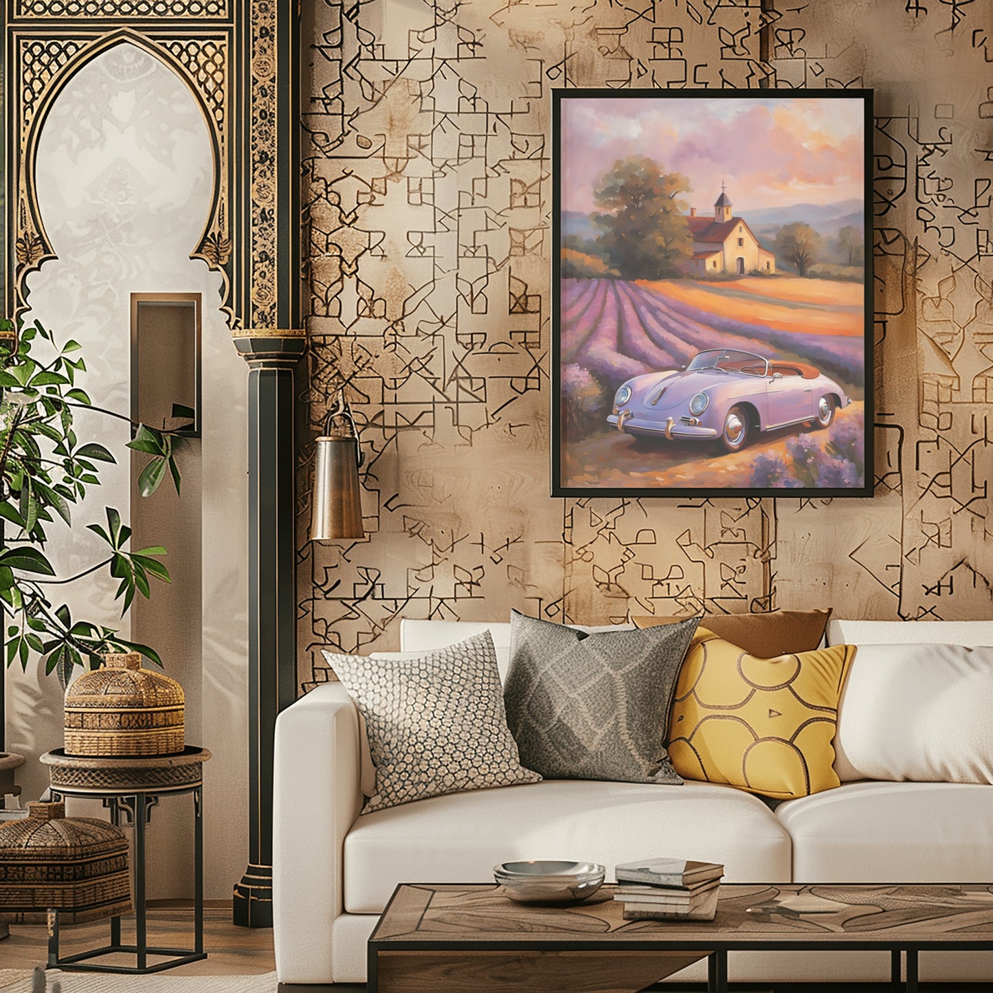 Vintage car and lavender field print by AquilVision hanging above white sofa in elegant living room
