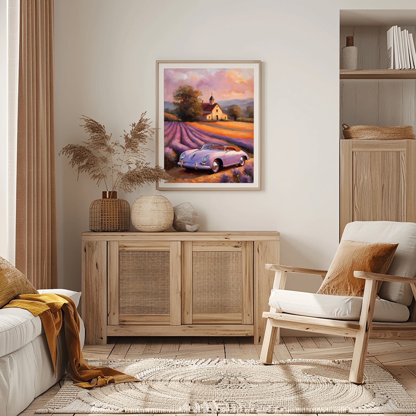 Vintage car and lavender field print framed on wall above wooden cabinet in cozy living room