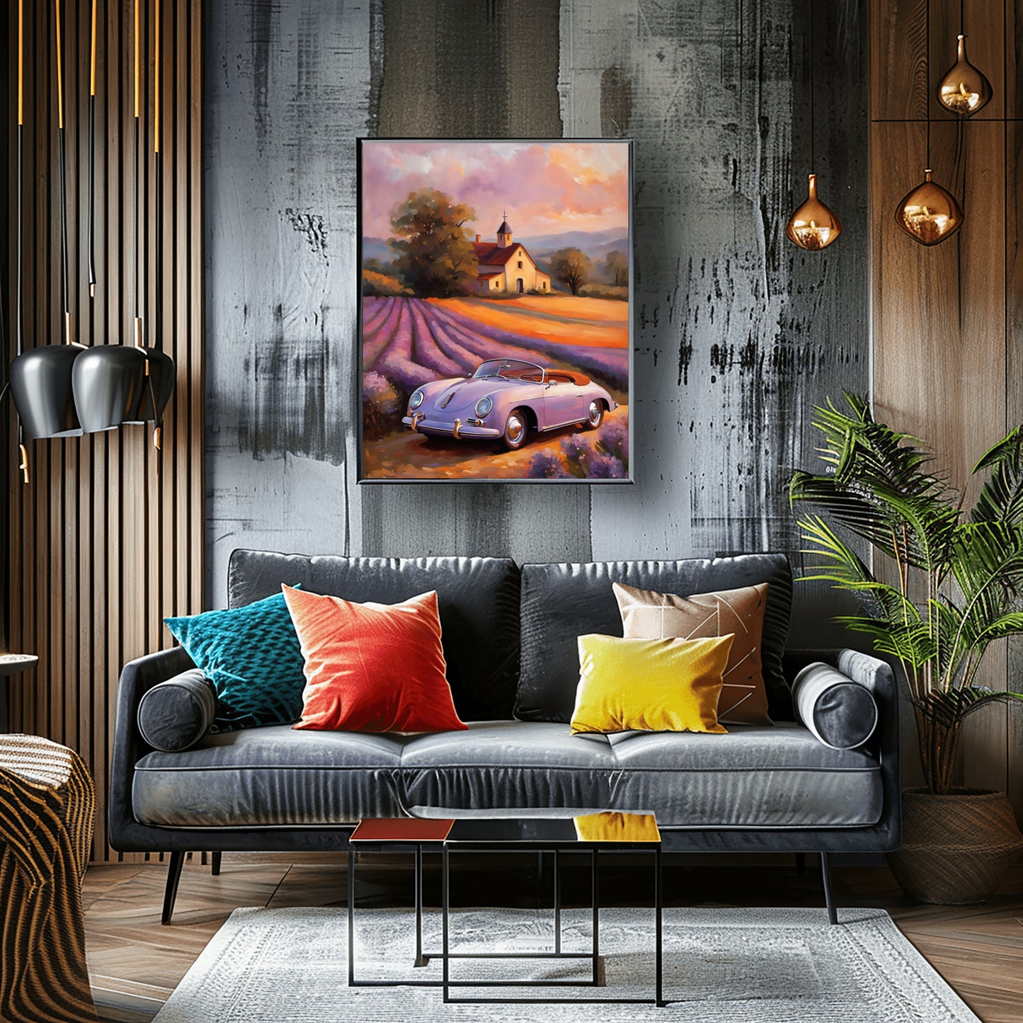 AquilVision digital vintage car and lavender field print hanging above modern gray sofa with colorful pillows