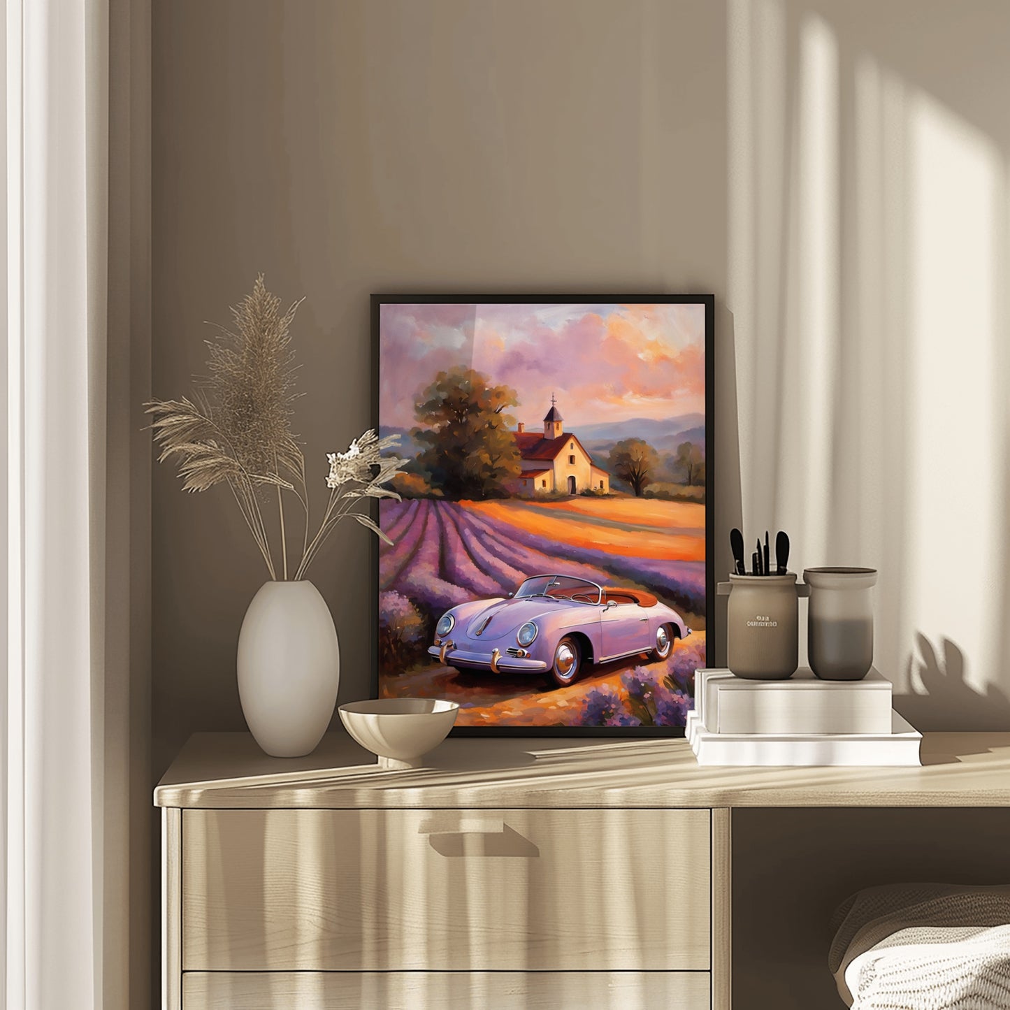 Vintage car and lavender field print digital artwork by AquilVision displayed on wooden dresser