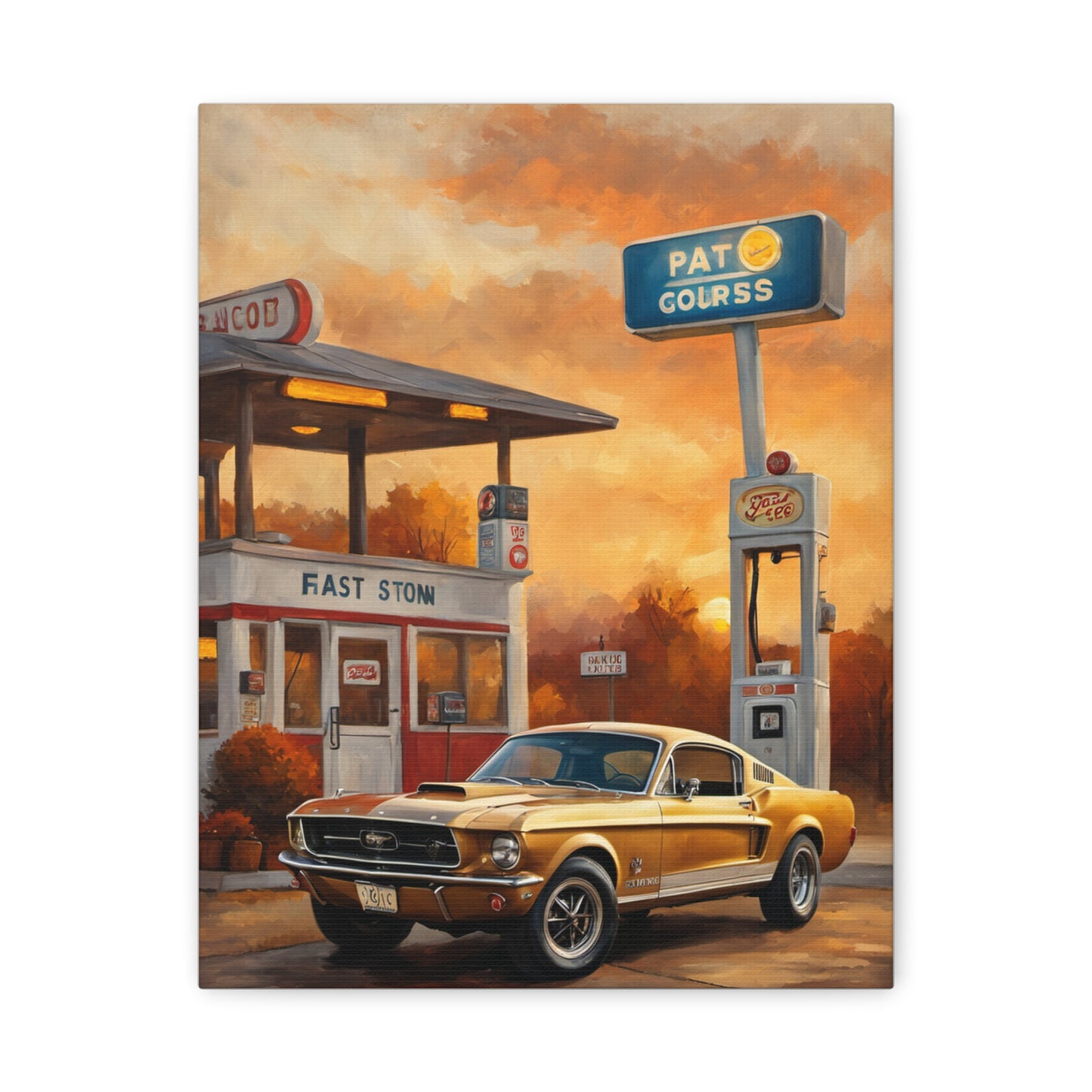 Vintage Car Art Print featuring a nostalgic yellow Mustang at a retro gas station