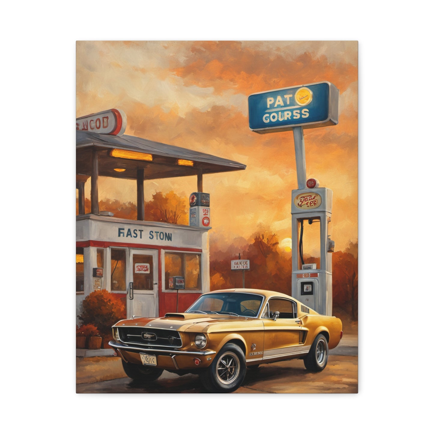 Vintage Car Art Print featuring a classic Mustang at a retro gas station with vibrant sunset colors