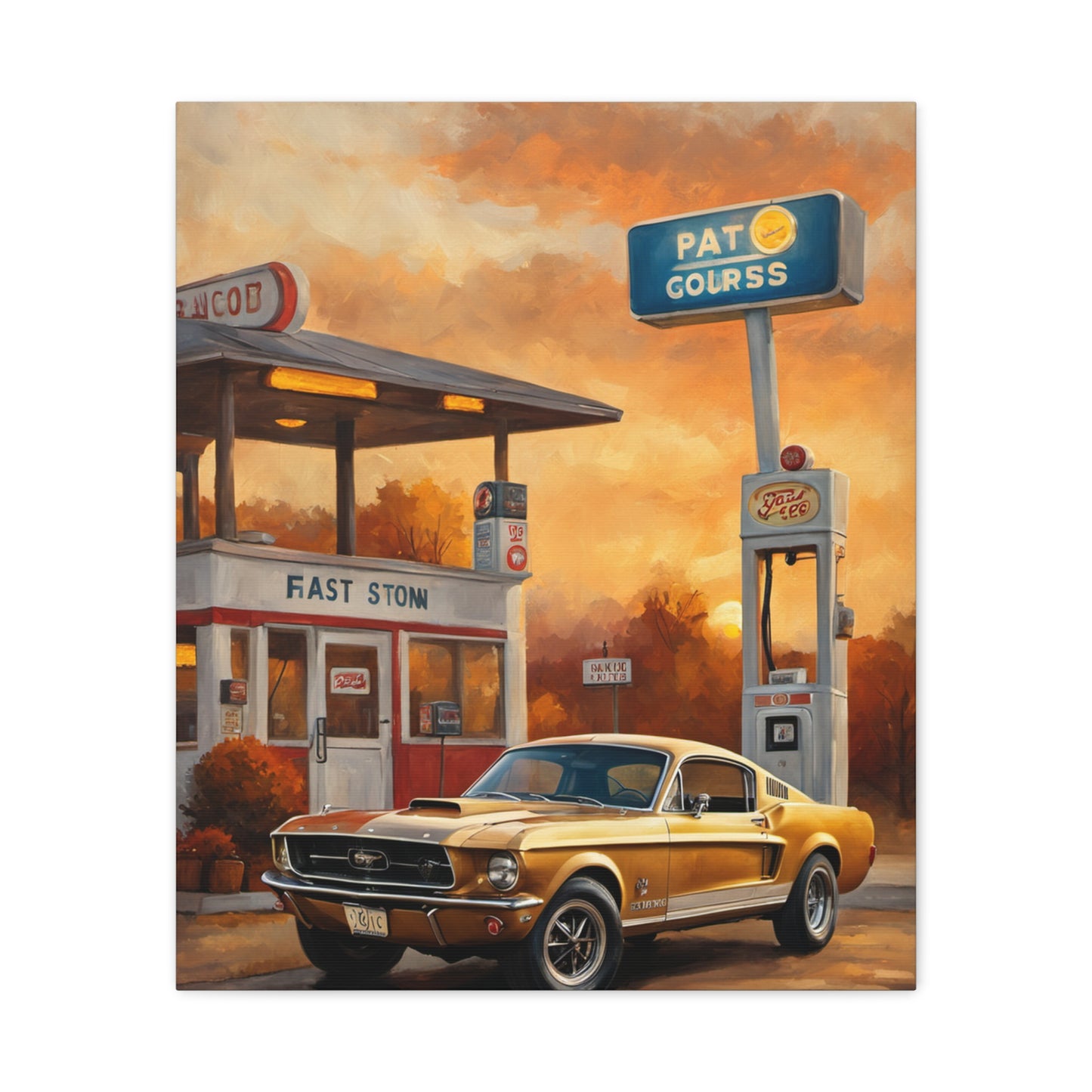 Vintage Car Art Print featuring a classic yellow Mustang at a retro gas station