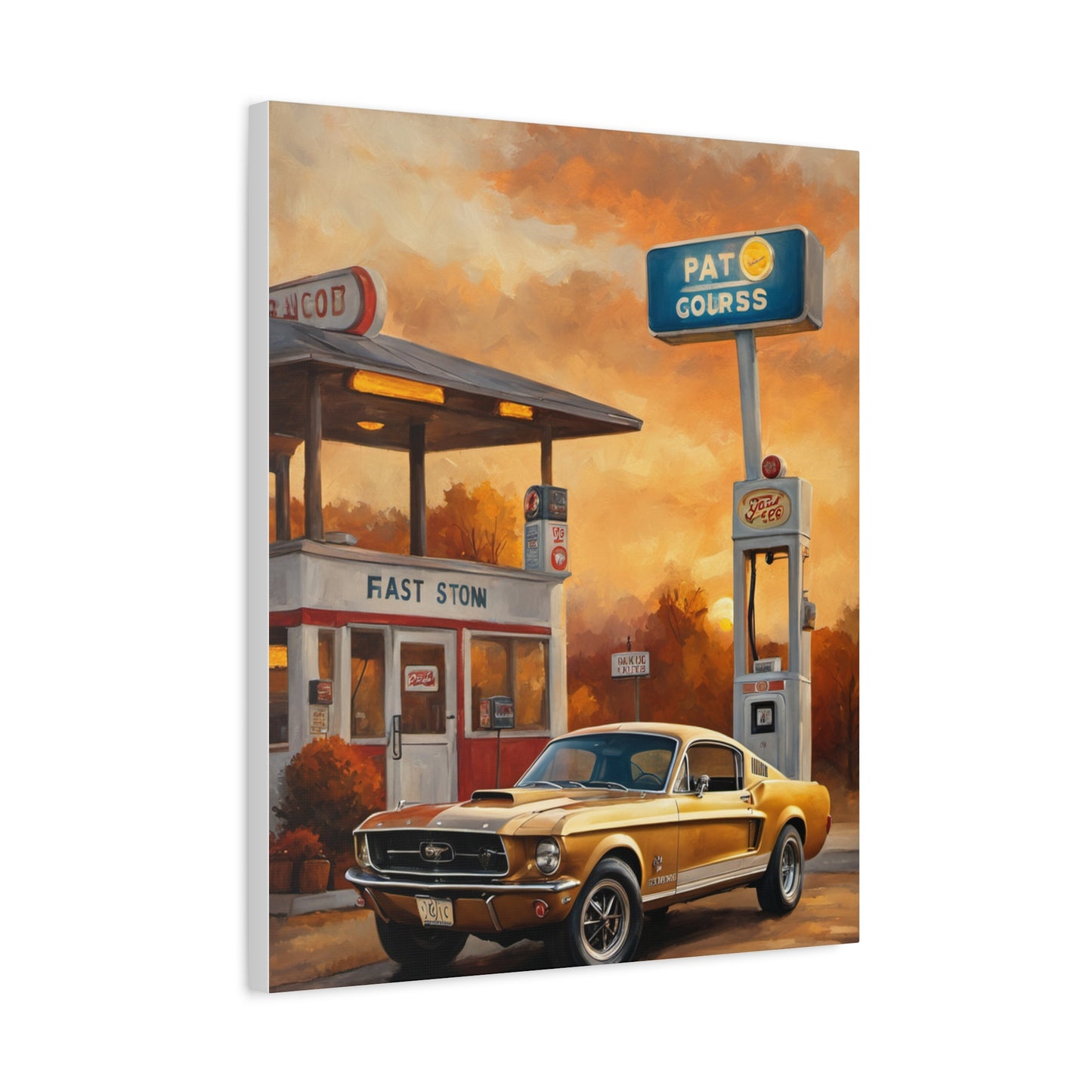 Vintage Car Art Print featuring a classic Mustang at a retro gas station during sunset