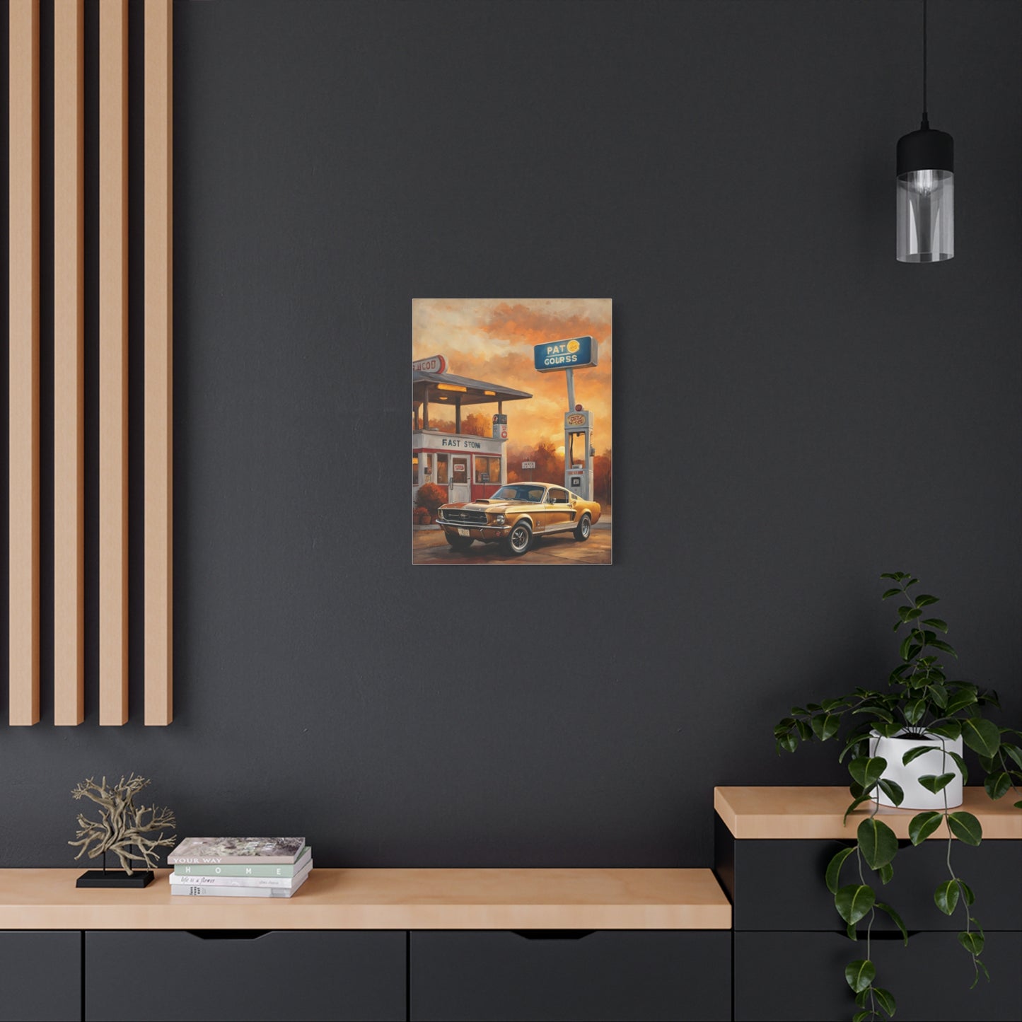 Vintage Car Art Print displayed on a modern wall with minimalistic decor and soft lighting