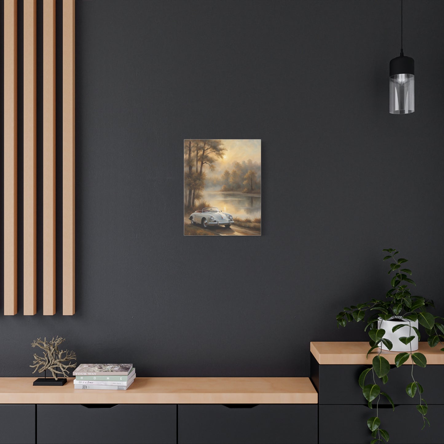 Vintage car art print displayed on a modern wall, enhancing home decor with classic automotive style