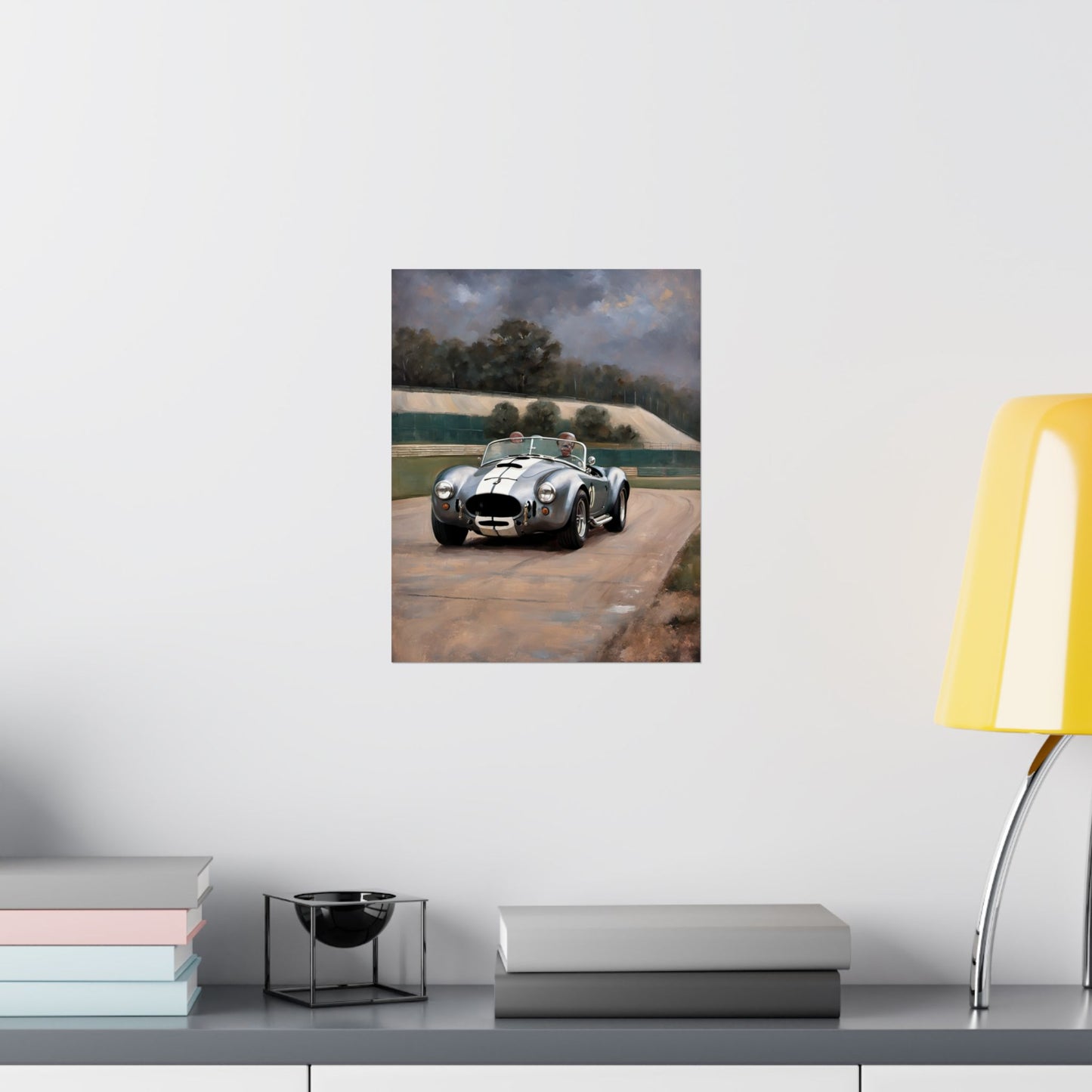 Vintage Car Art Print featuring a classic racing car on a scenic road with two drivers