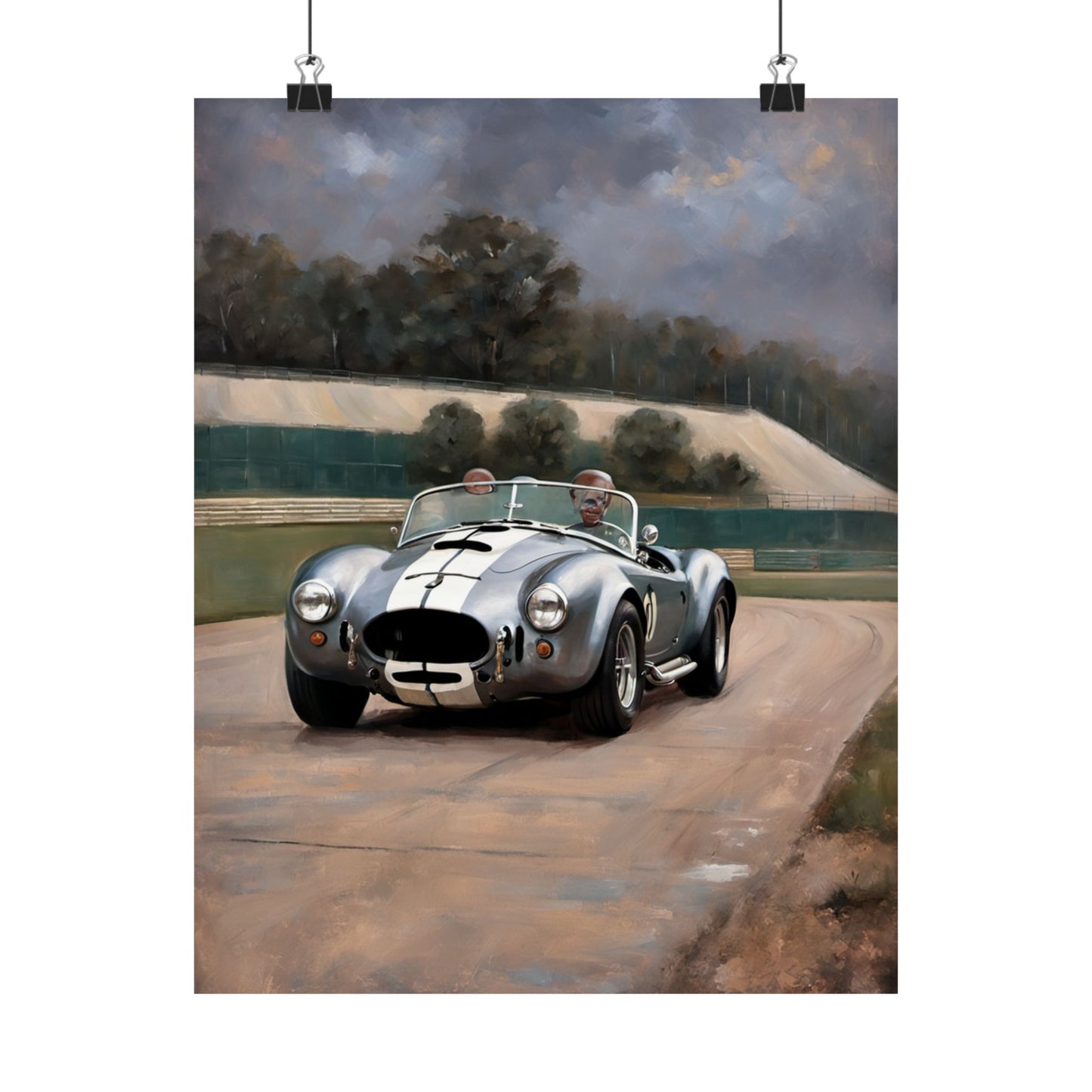 Vintage Car Art Print featuring a classic silver sports car on a race track