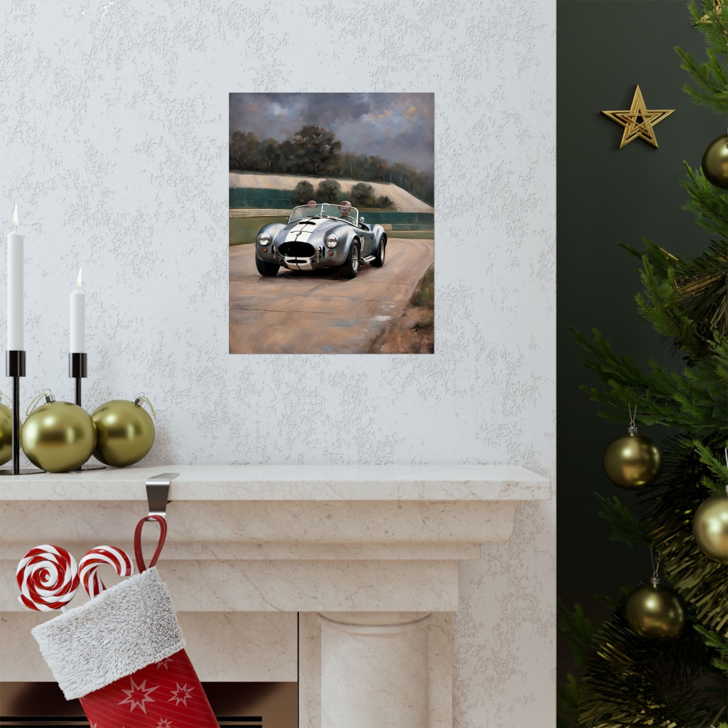 Vintage Car Art Print featuring a classic racing car on a scenic racetrack mounted on a wall