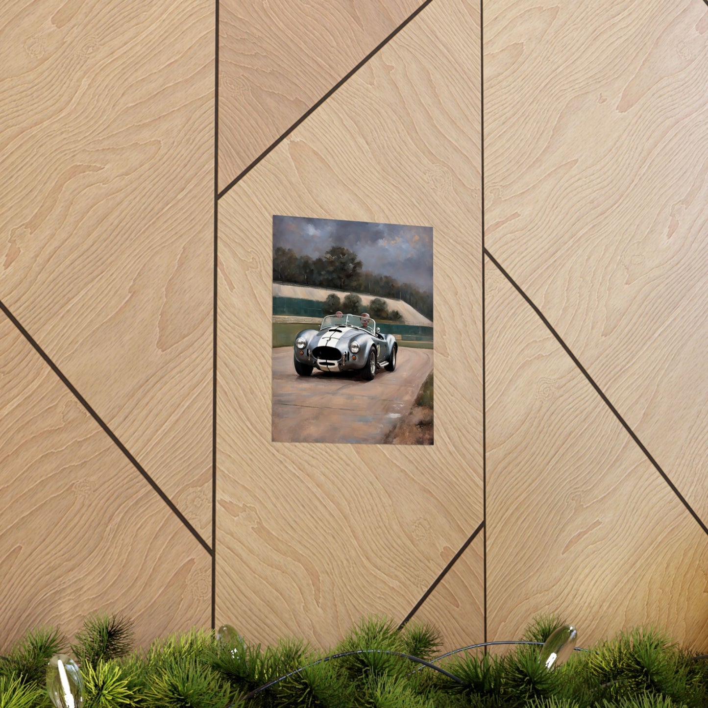 Vintage Car Art Print featuring a classic racing car against a wooden backdrop