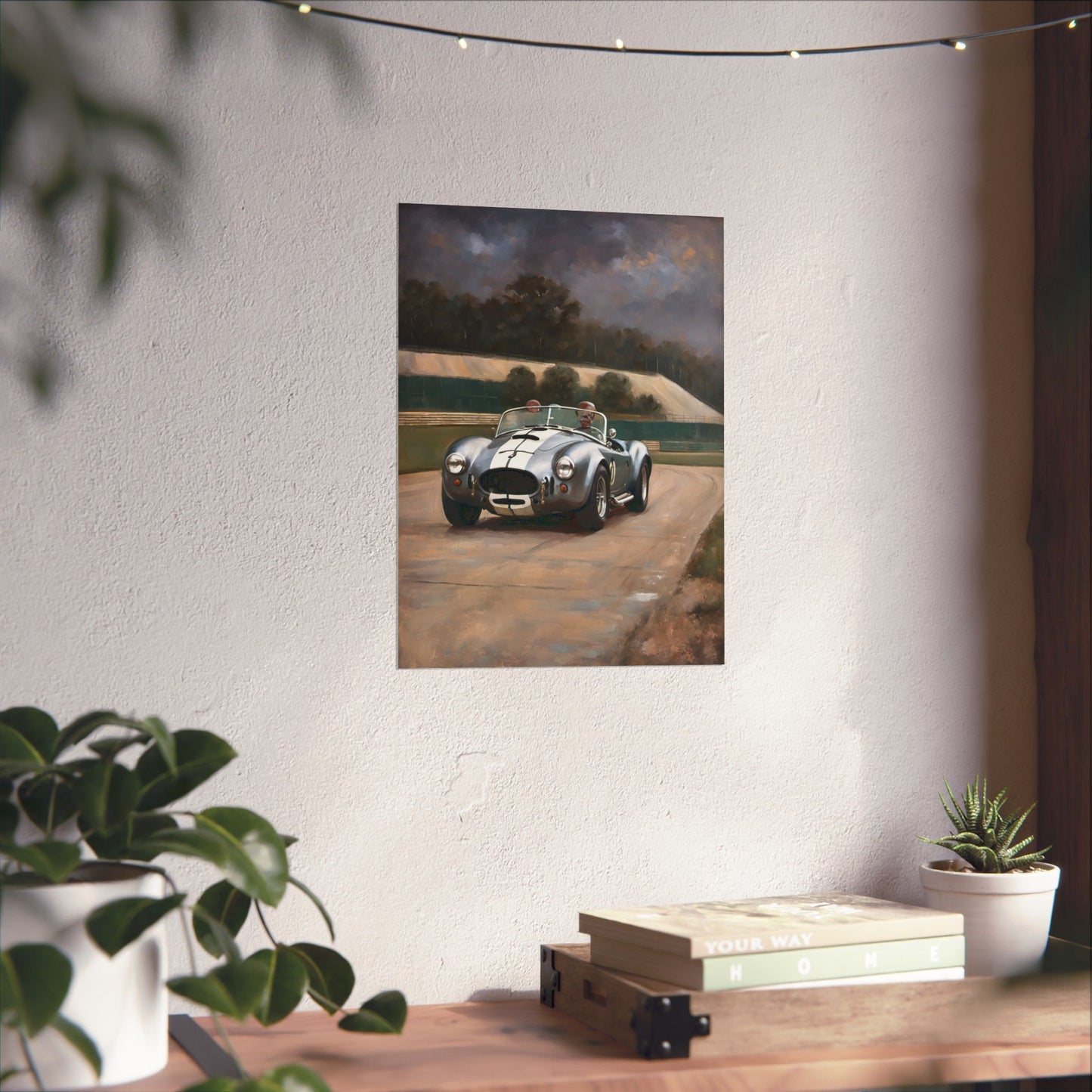 Vintage Car Art Print showcasing a classic car on a scenic racetrack with a touch of nostalgia