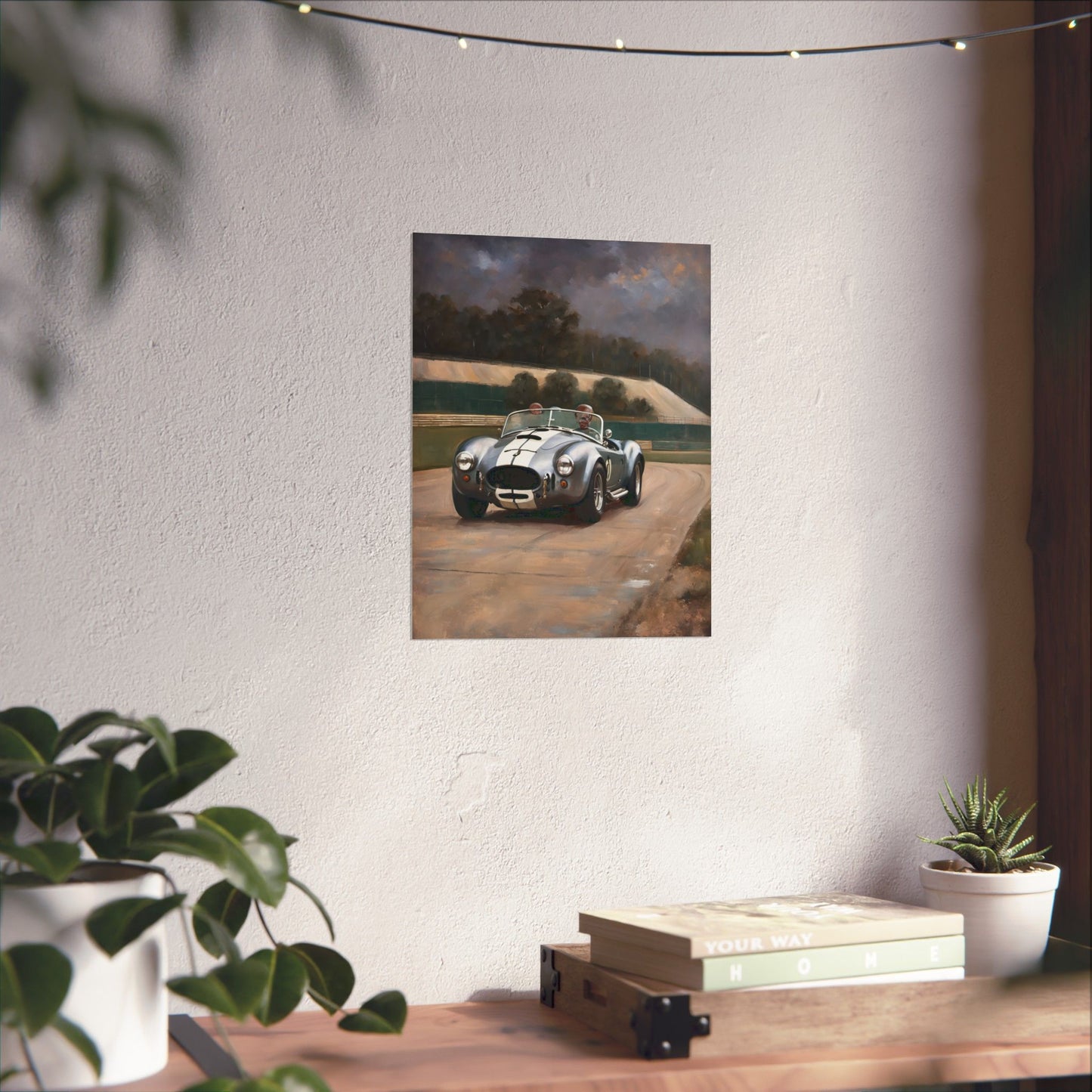 Vintage Car Art Print featuring a classic car on a scenic racetrack against a soft background