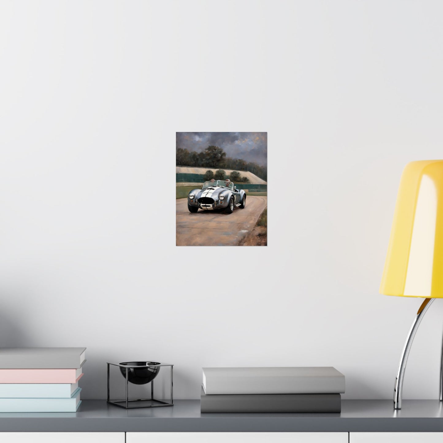 Vintage Car Art Print featuring a classic car on a scenic race track decor for home or office