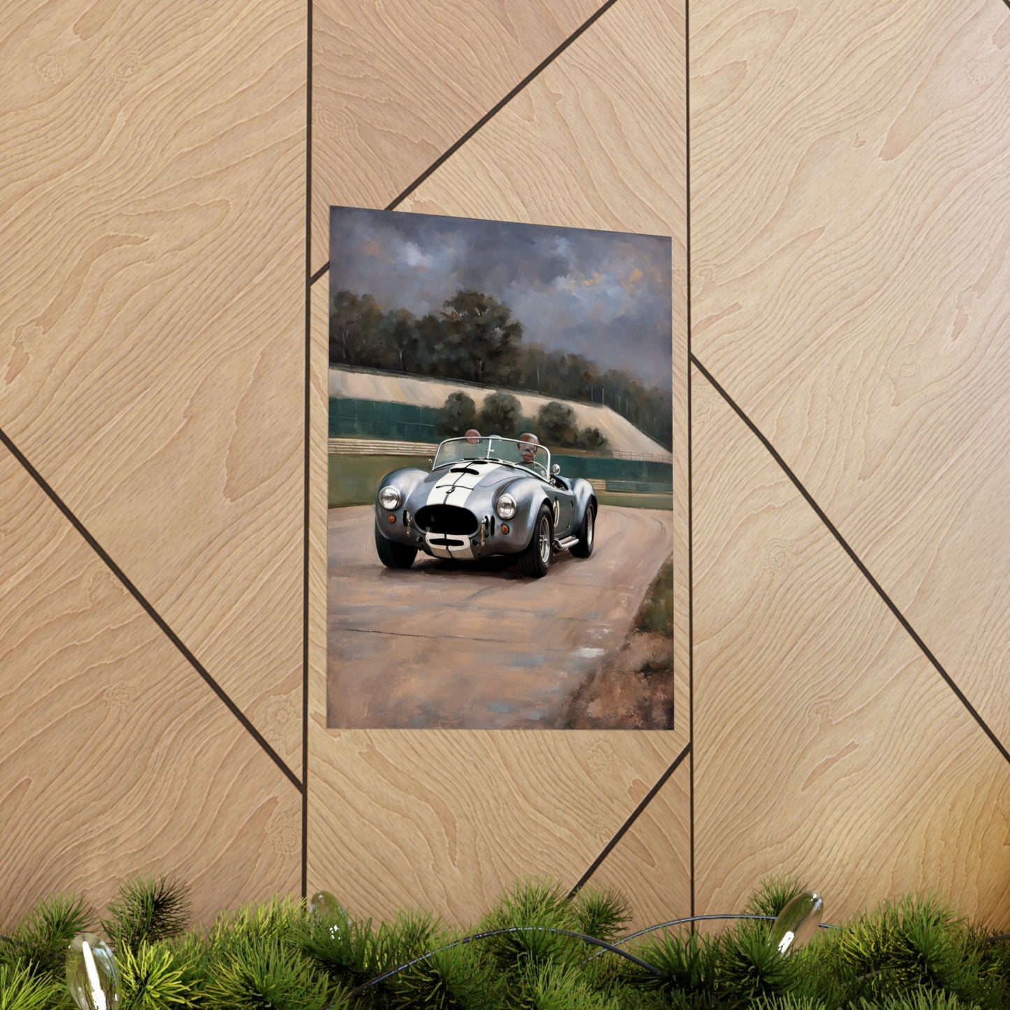Vintage Car Art Print featuring a classic race car on a track with a scenic backdrop