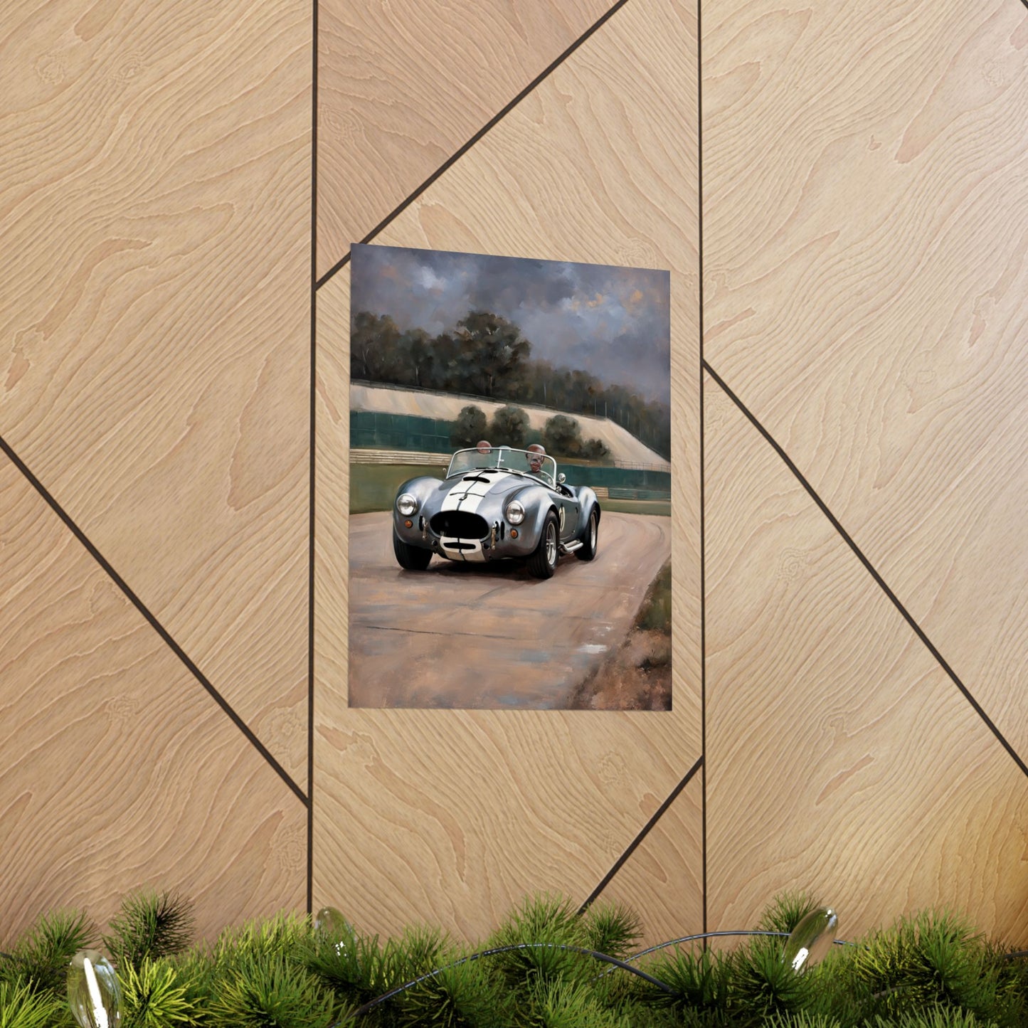 Vintage Car Art Print featuring a classic racing car on a scenic track backdrop
