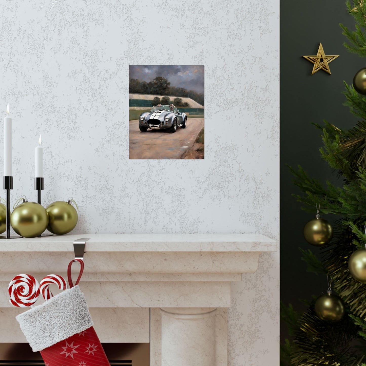 Vintage Car Art Print displayed above a mantel with holiday decorations and a Christmas tree