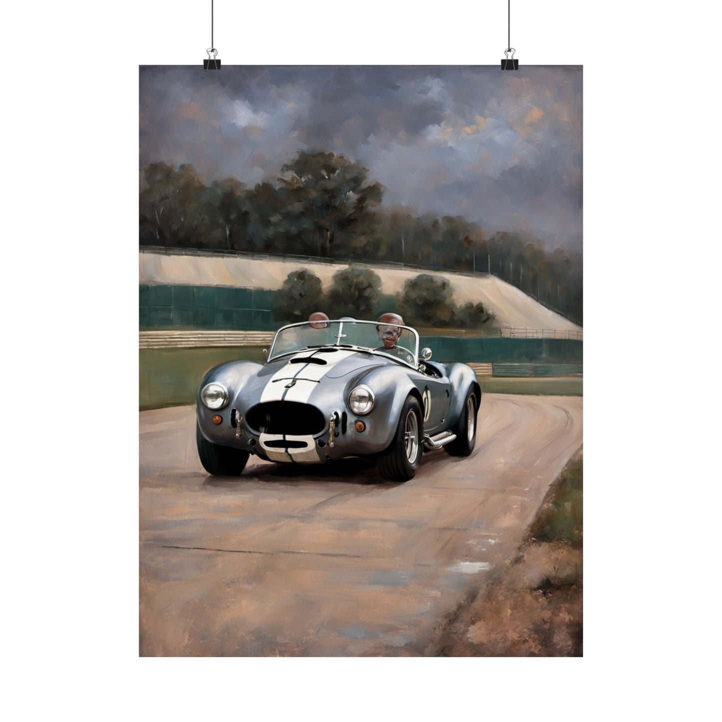 Vintage Car Art Print featuring a classic silver sports car on a racetrack