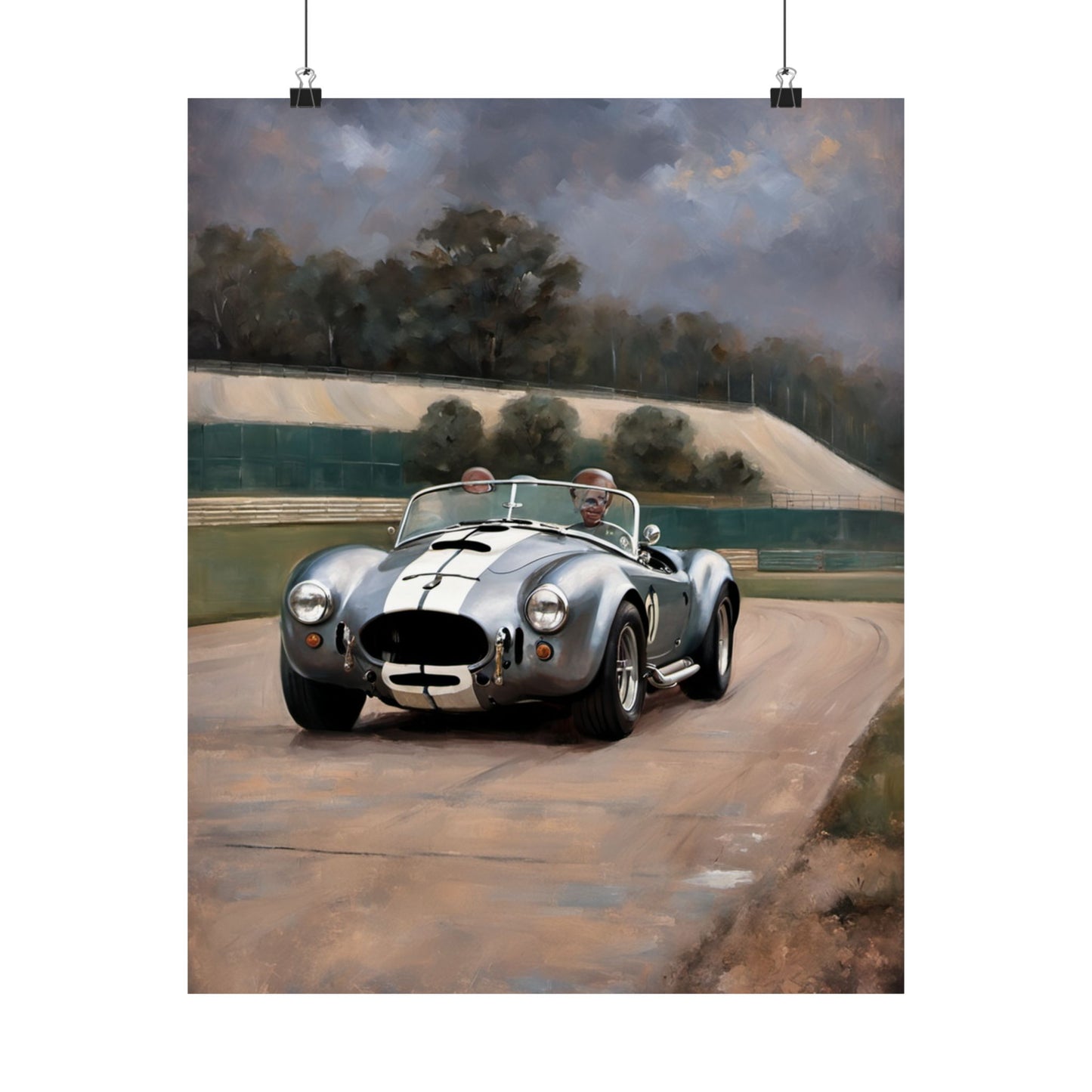 Vintage Car Art Print featuring a silver convertible racing on a scenic track