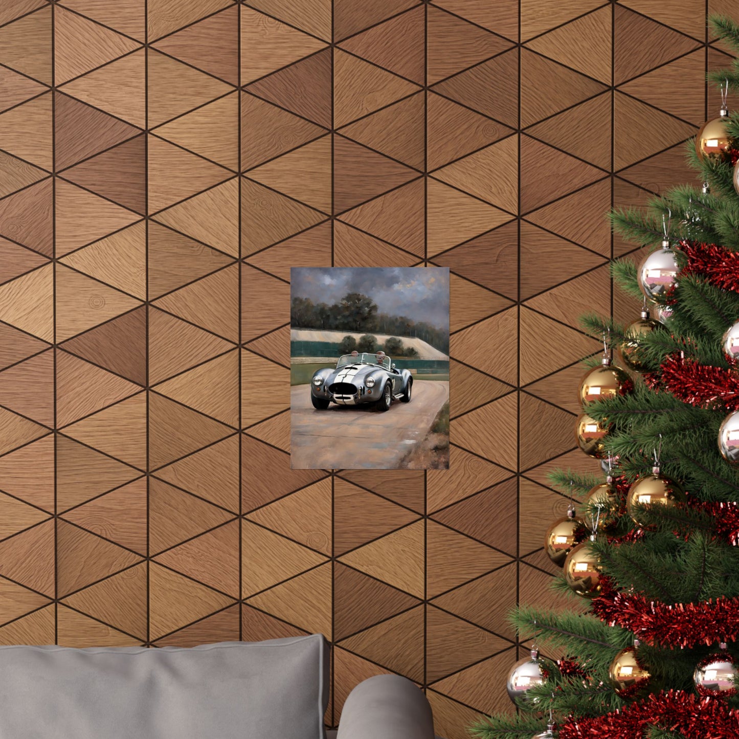 Vintage Car Art Print displayed on a geometric wood-patterned wall behind a holiday tree