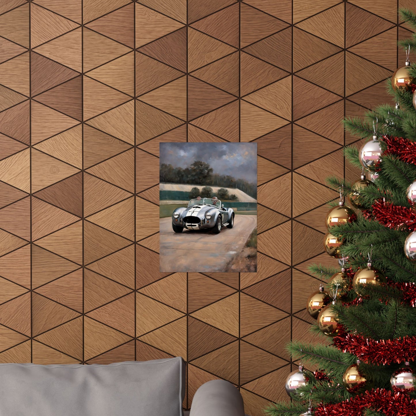 Vintage Car Art Print displayed on a geometric wooden wall with a Christmas tree nearby