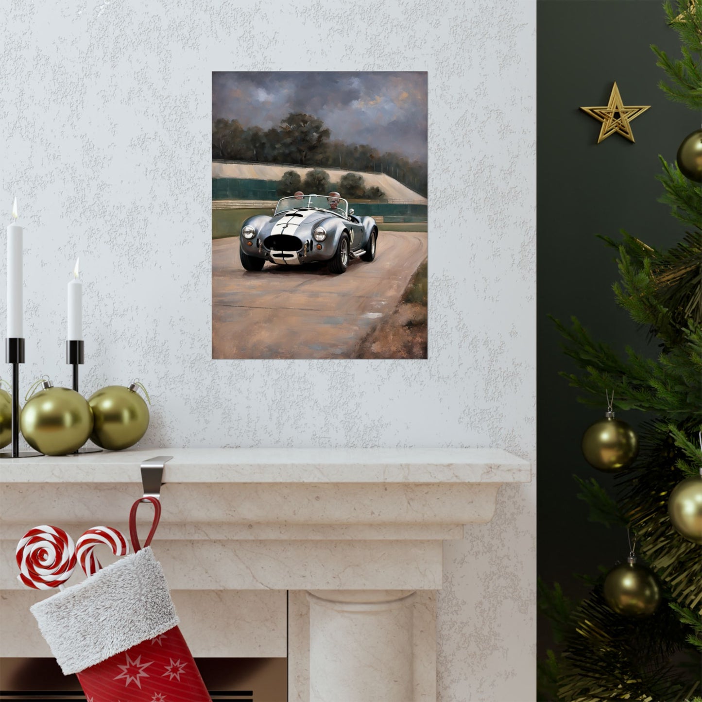 Vintage Car Art Print of a Classic Sports Car on a Scenic Track, Perfect for Home Decoration