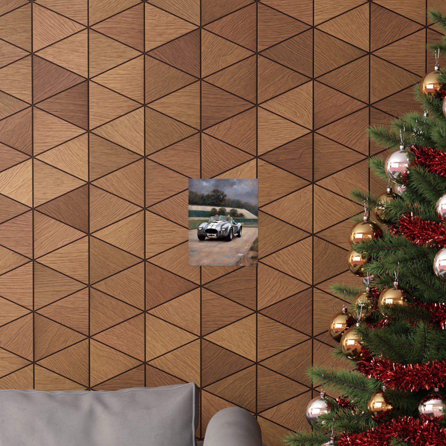 Vintage Car Art Print displayed on a geometric wood-patterned wall near a Christmas tree