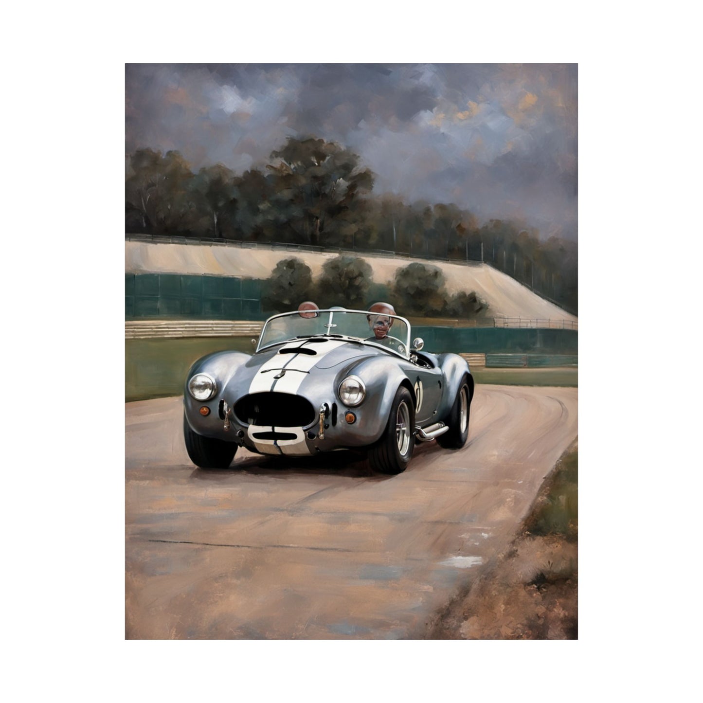 Vintage Car Art Print featuring a classic silver sports car on a racetrack with a scenic background