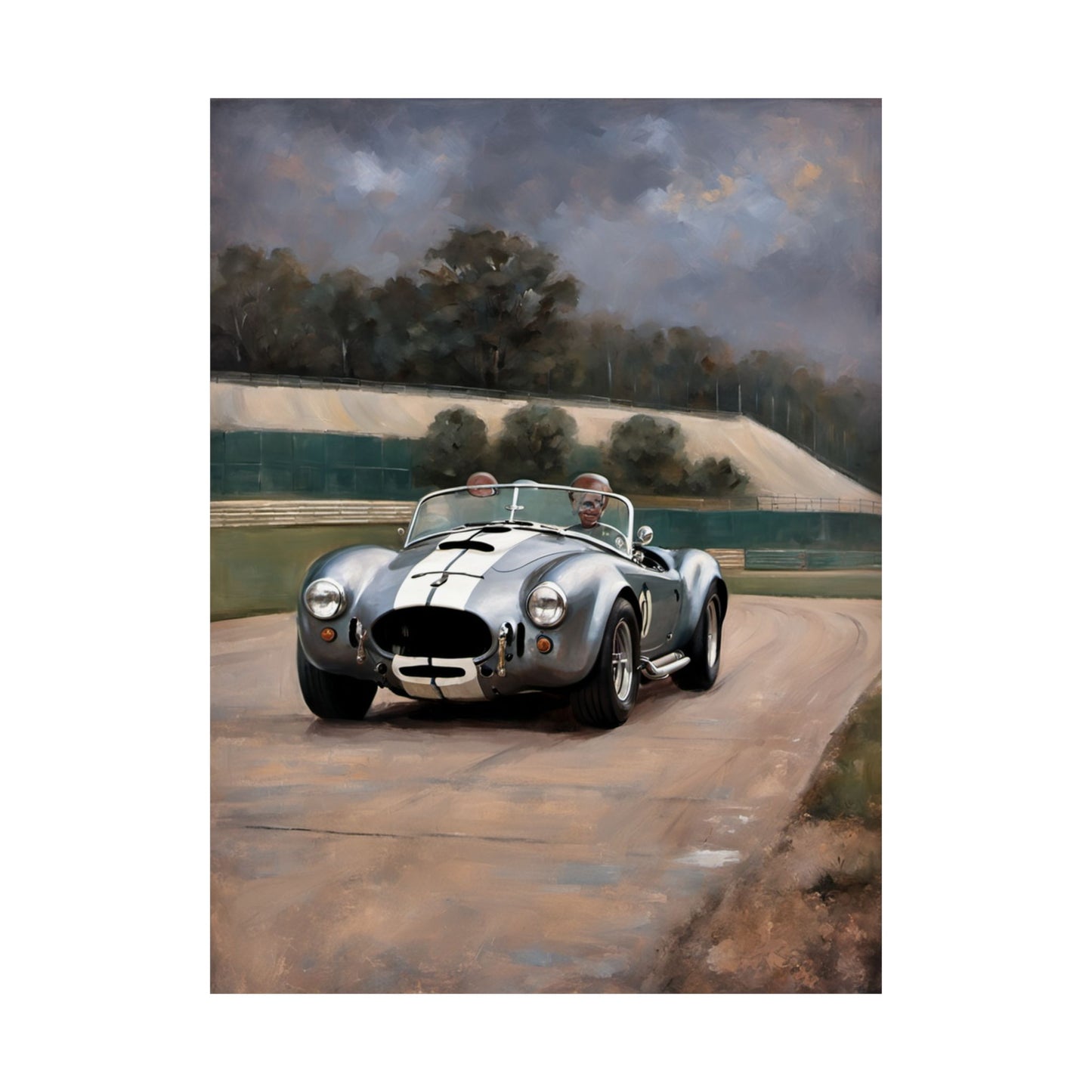 Vintage Car Art Print featuring a classic silver sports car racing on a scenic track