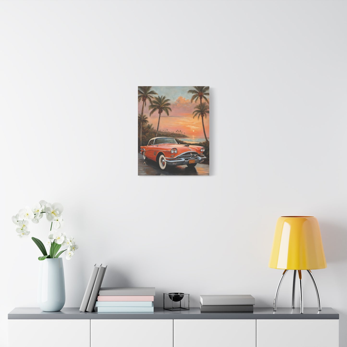 Vintage Car Artwork Canvas Print featuring a classic car against a tropical sunset backdrop