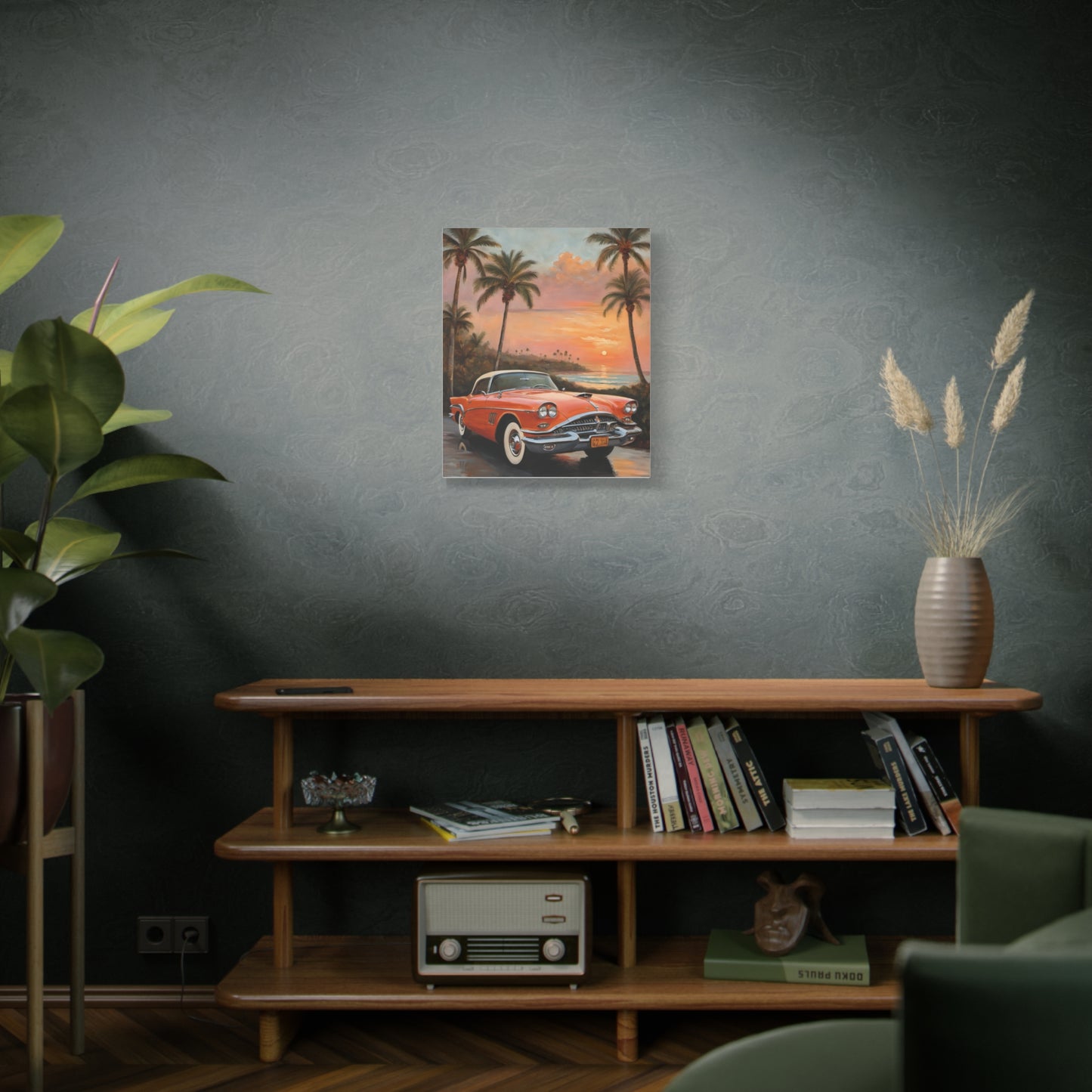 Vintage Car Artwork Canvas Print featuring a classic car against a sunset backdrop with palm trees
