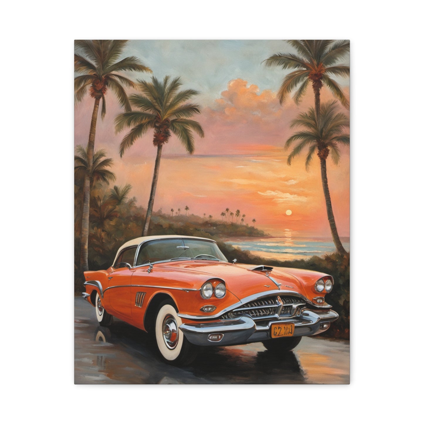 Retro Car Artwork Canvas Print featuring a classic orange car against a tropical sunset backdrop