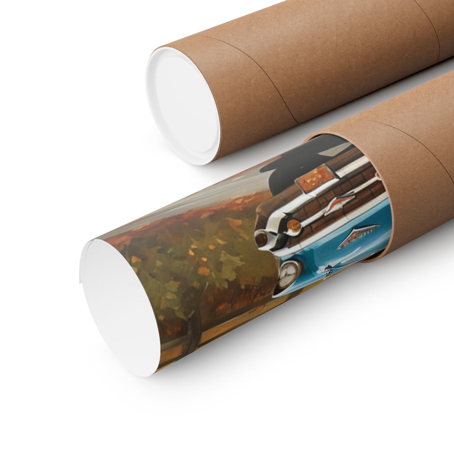 Vintage car autumn poster rolled in a tube with vibrant fall colors and classic car design