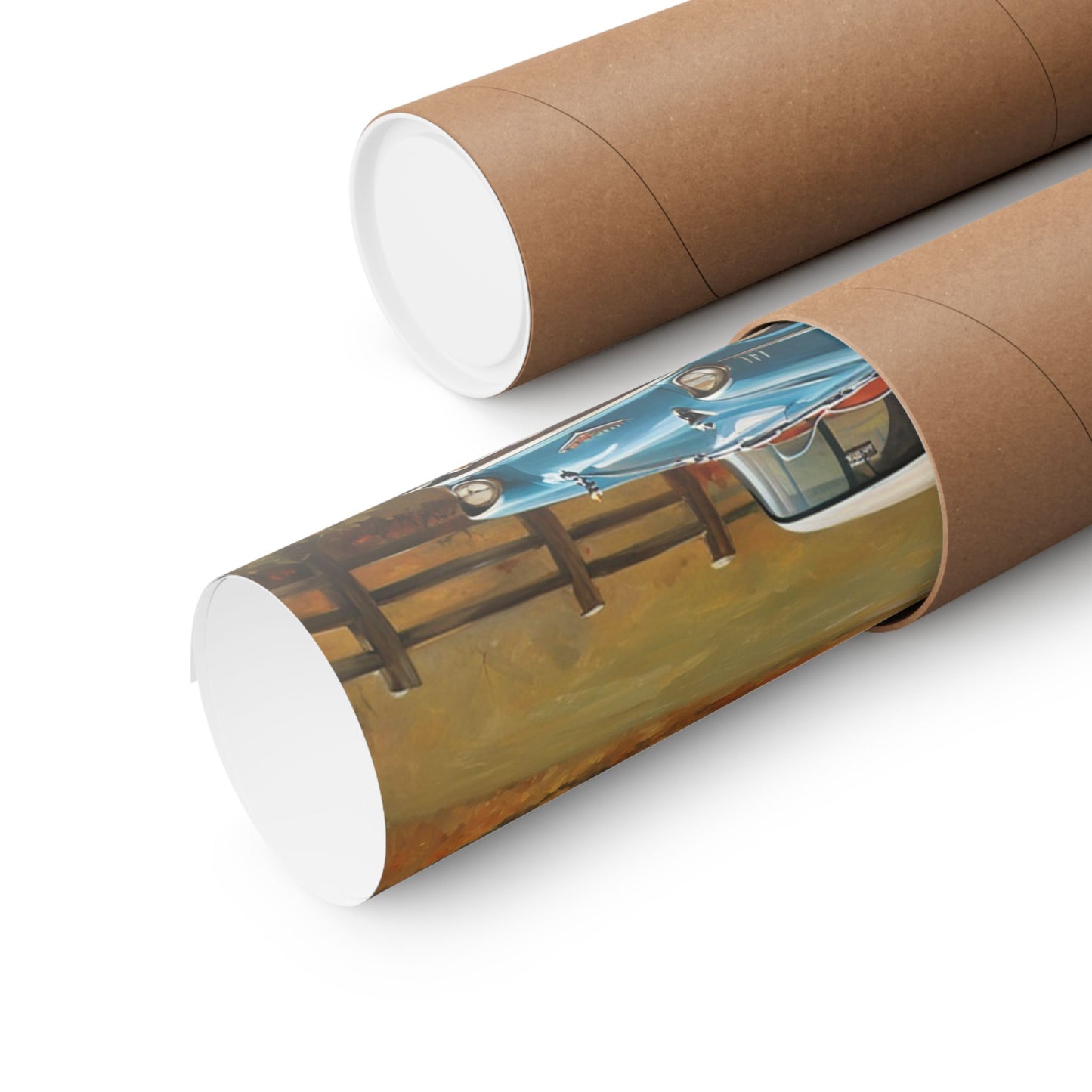 Vintage car autumn poster rolled in a protective tube for easy storage and display