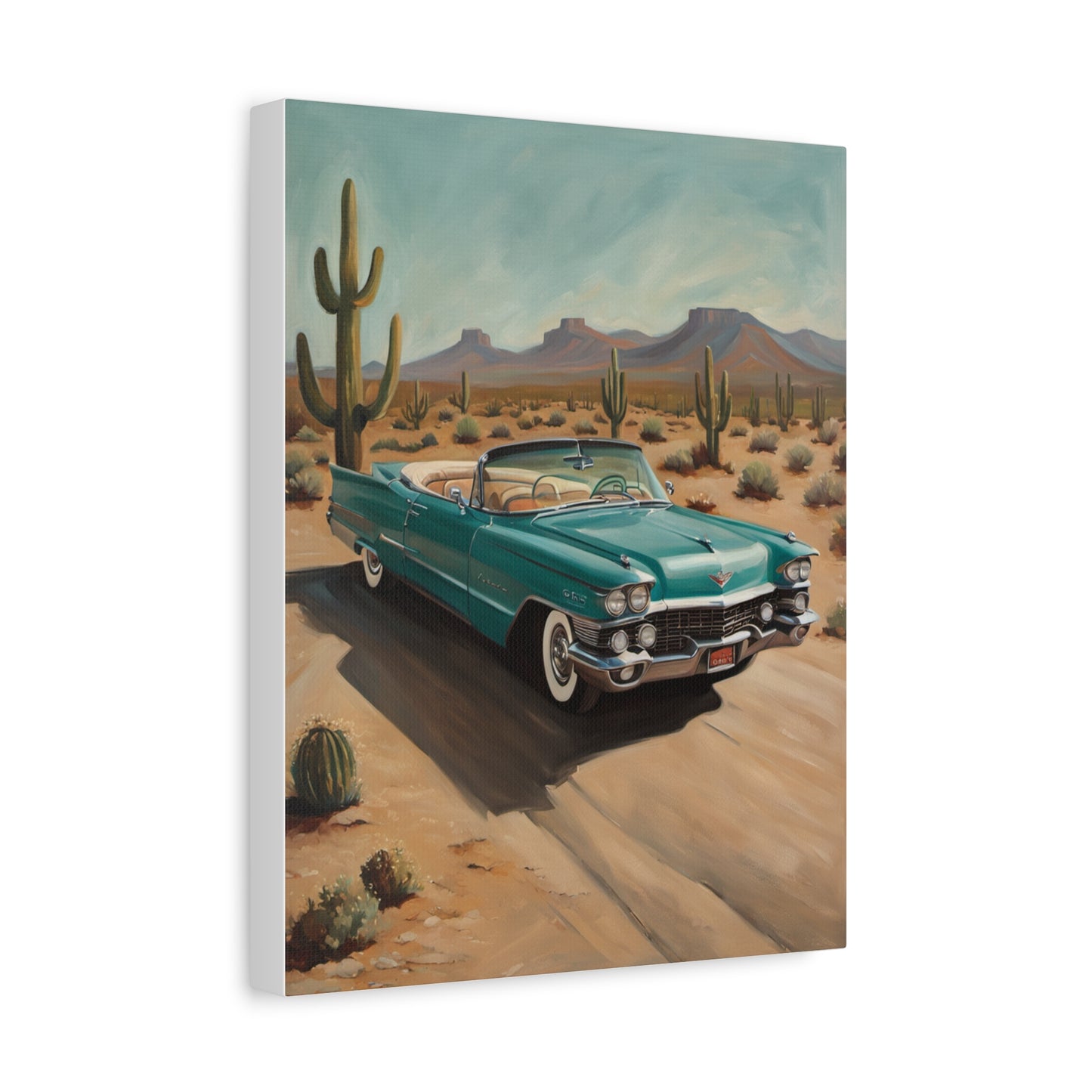 Vintage Car Canvas Art featuring a classic turquoise convertible in a desert landscape