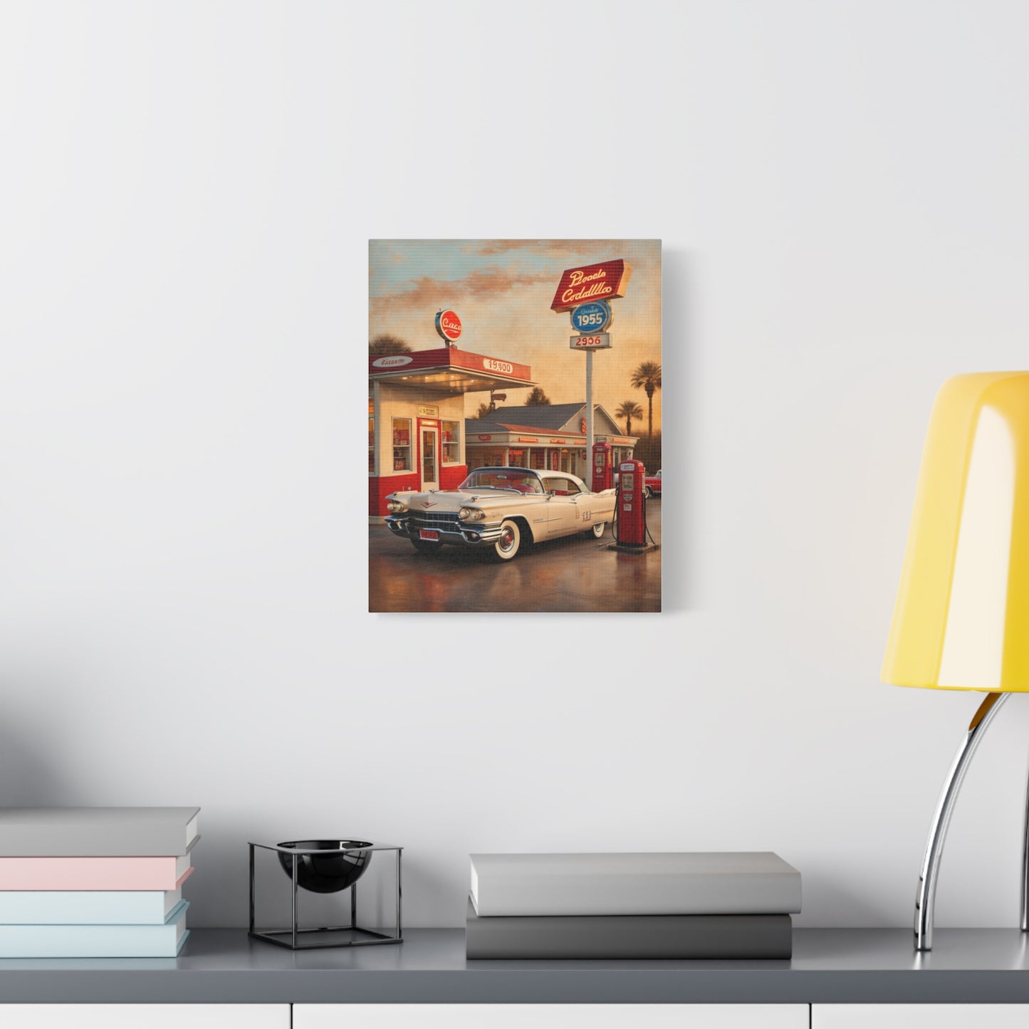 Vintage Car Canvas Art Print depicting a classic car at a retro gas station